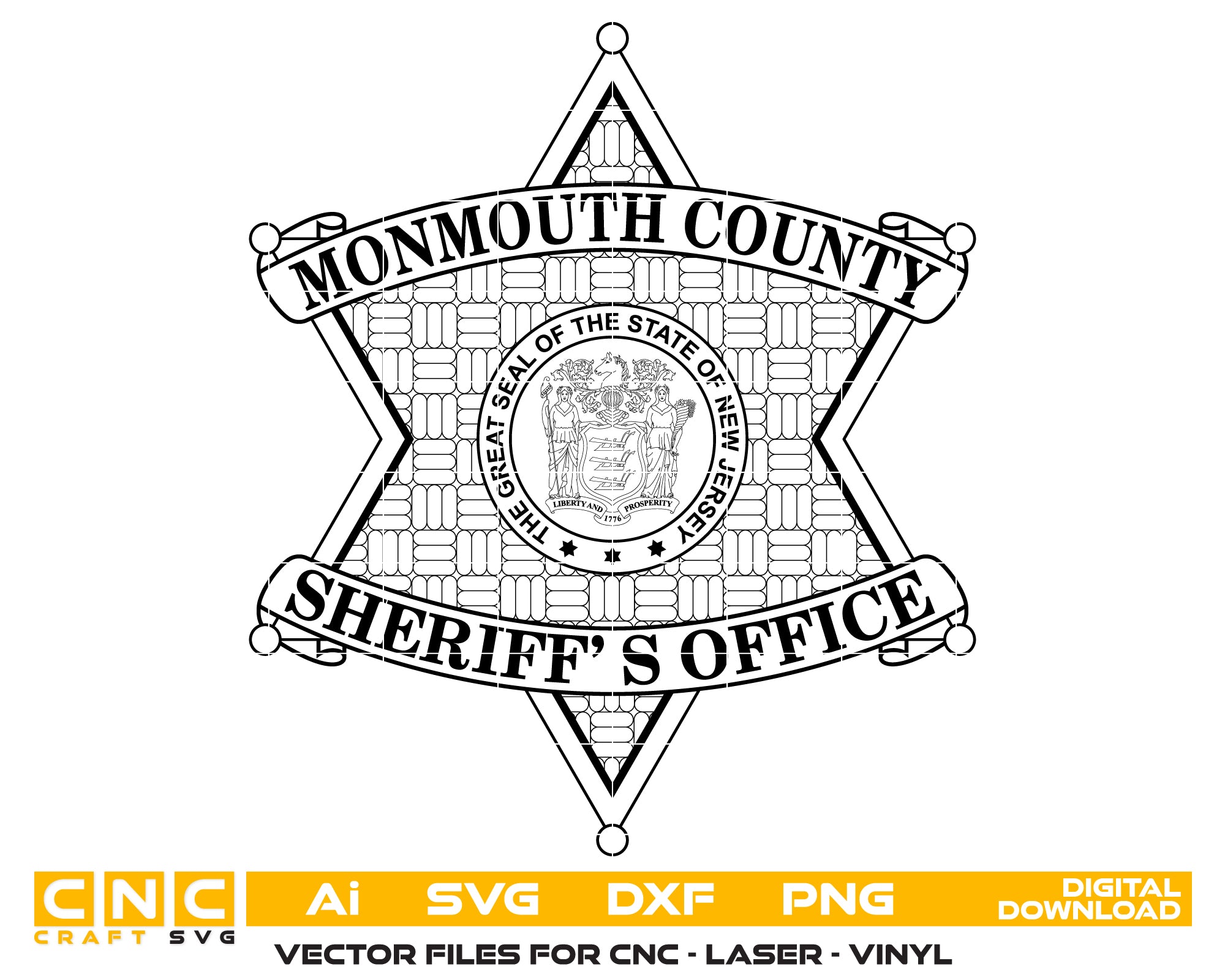 Monmouth County Sheriff Badge SVG
New Jersey Law Enforcement Vector
Sheriff Office Badge Emblem
Deputy Plaque Engraving File
Monmouth County Sign CNC File