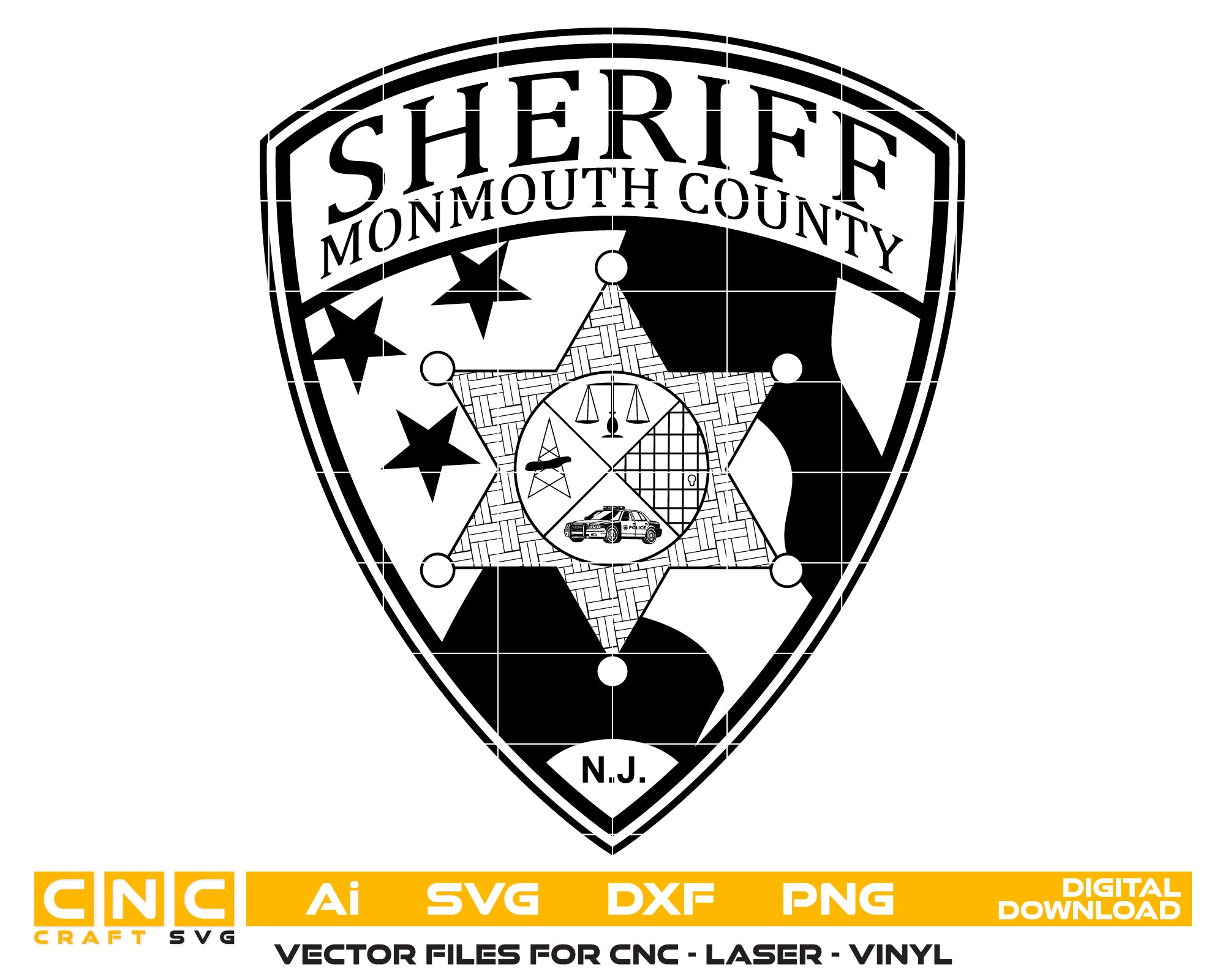 Monmouth County Sheriff Logo SVG
New Jersey Law Enforcement Vector
Sheriff Office Shield Emblem
Officer Plaque Engraving File
Monmouth County Sign CNC File