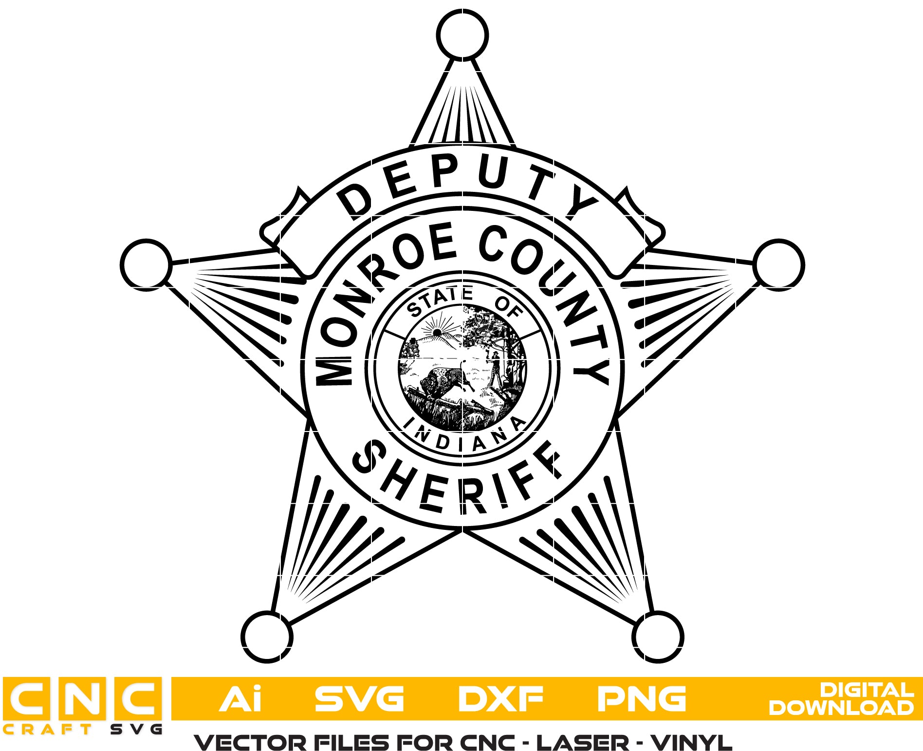 Monroe County Deputy Sheriff Badge SVG
Indiana Law Enforcement Vector Design
State of Indiana Seal Police Emblem
Five Point Star Badge Engraving File
Monroe County Sheriff Sign CNC File