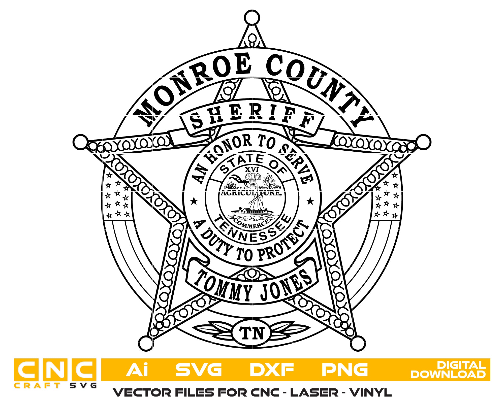 Monroe County Sheriff Badge SVG
Tennessee Law Enforcement Vector
5-Point Star Flag Background Emblem
Sheriff Plaque Engraving File
Monroe County Sheriff Sign CNC File