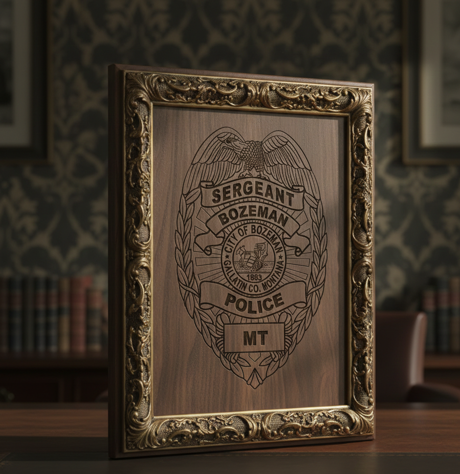 Bozeman Police Sergeant Badge SVG
Montana Law Enforcement Vector Design
City of Bozeman Gallatin County Emblem
Sergeant Rank Shield for Engraving
Police Eagle Badge CNC File