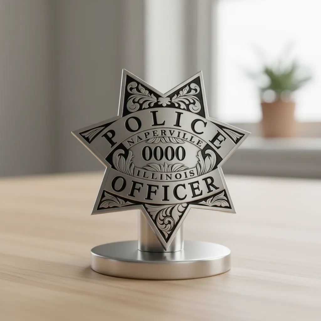 Naperville Police Officer Badge SVG
Illinois Law Enforcement Vector Design
6-Point Star Police Badge Engraving File
Naperville IL Police Sign CNC File
Filigree Star Badge Vector for Laser Cutting