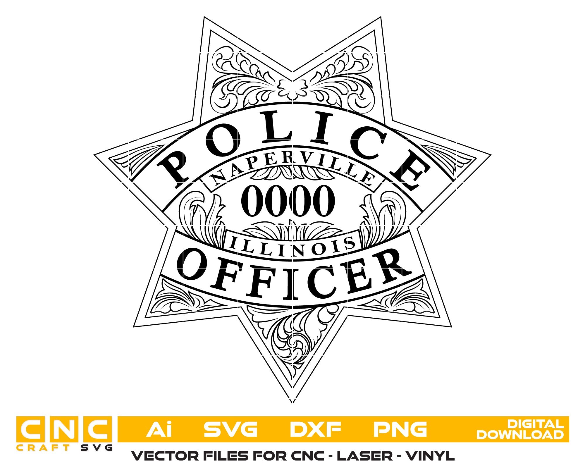 Naperville Police Officer Badge SVG
Illinois Law Enforcement Vector Design
6-Point Star Police Badge Engraving File
Naperville IL Police Sign CNC File
Filigree Star Badge Vector for Laser Cutting