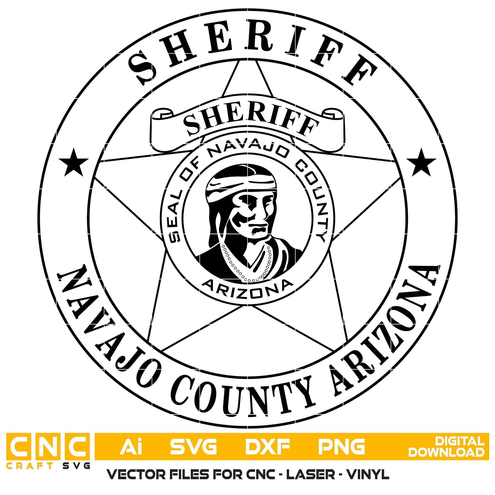 Navajo County Sheriff Badge SVG
Arizona Law Enforcement Vector Design
Sheriff Badge Engraving File
Navajo County Sign CNC File
6-Point Star Badge Vector for Laser Cutting