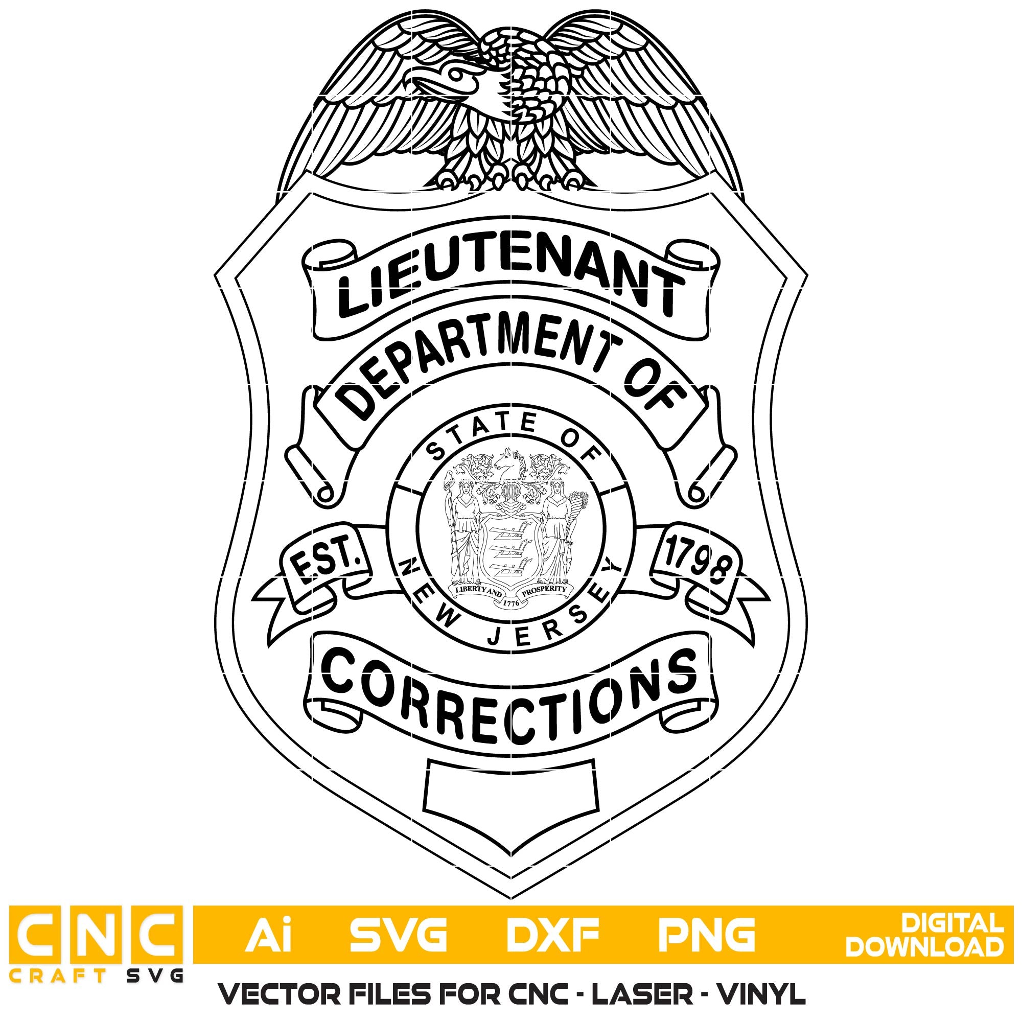 NJ Corrections Lieutenant Badge SVG for CNC
NJ Corrections Lieutenant Badge Vector for Laser Engraving
New Jersey Corrections Lieutenant Emblem for Wood Carving
Professional NJ Corrections Lieutenant Shield Design
NJ DOC Lieutenant SVG Logo for CNC Router Projects