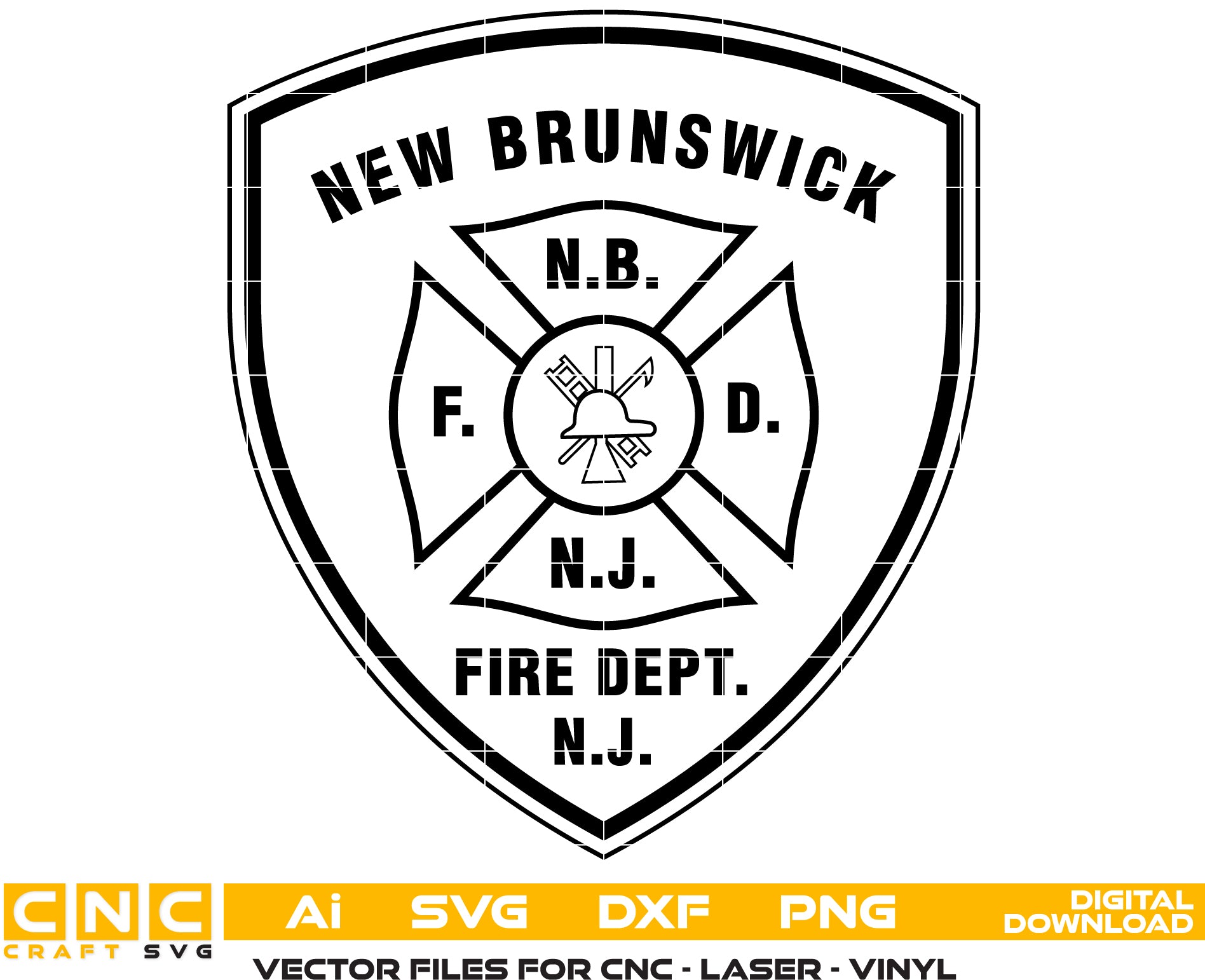 New Brunswick Fire Department Badge SVG
New Jersey Firefighter Vector Design
Fire Dept Maltese Cross Shield Emblem
Firehouse Sign Engraving File
NBFD Badge CNC Router File