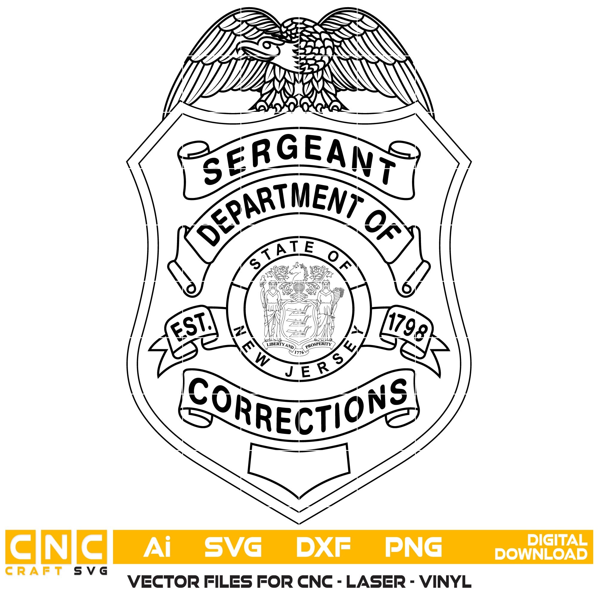 NJ Corrections Sergeant Badge SVG for CNC
NJ Corrections Sergeant Badge Vector for Laser Engraving
New Jersey Corrections Sergeant Emblem for Wood Carving
Professional NJ Corrections Sergeant Shield Design
NJ DOC Sergeant SVG Logo for CNC Router Projects