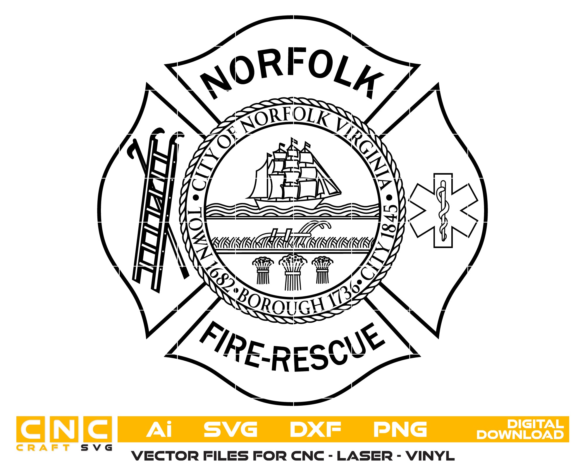 Norfolk Fire Rescue Badge SVG
Virginia First Responder Vector Design
Maltese Cross Fire EMS Engraving File
Norfolk VA Fire Sign CNC File
City of Norfolk Seal Vector for Laser Cutting