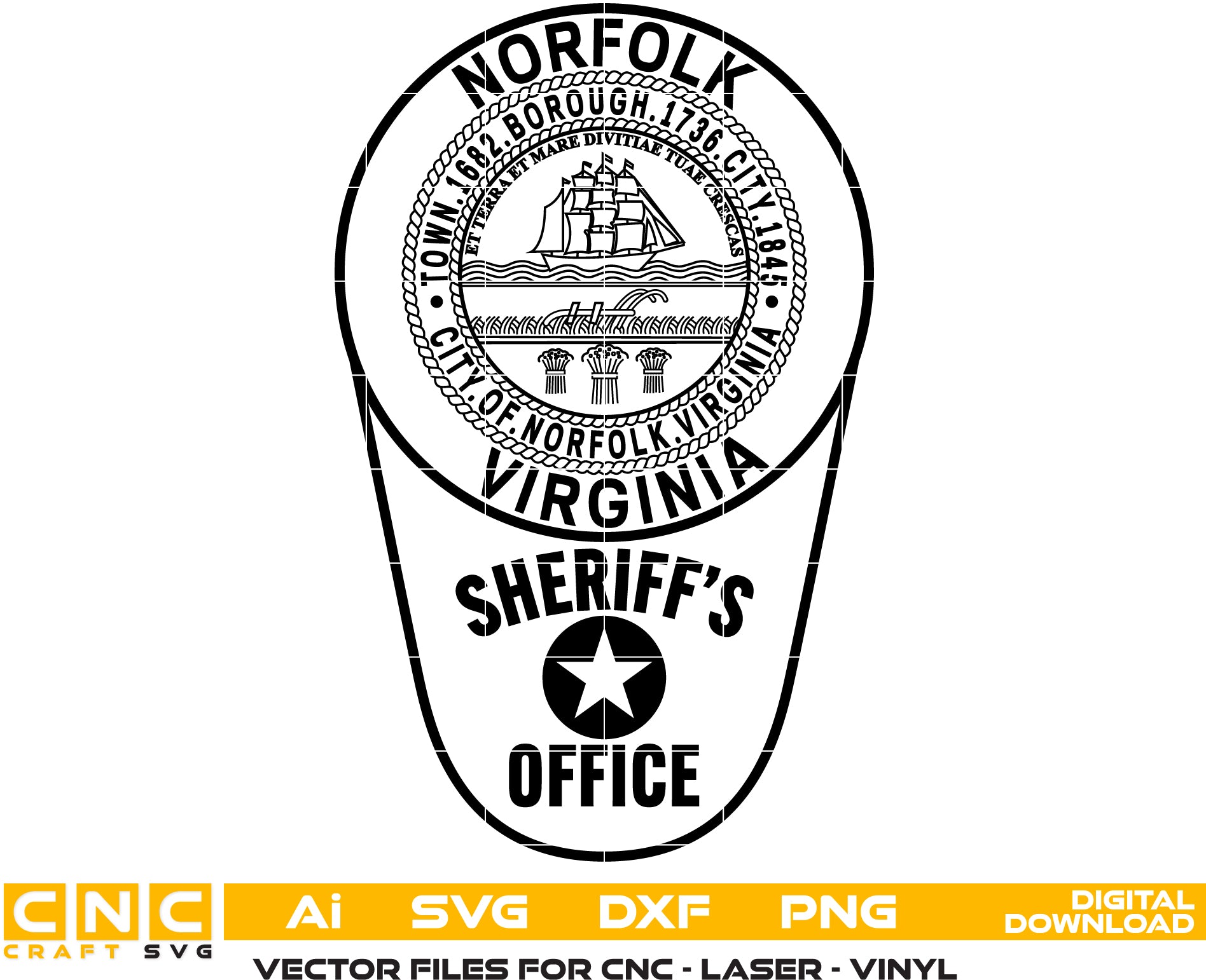 Norfolk Sheriffs Office Patch SVG
Virginia Law Enforcement Vector Design
City of Norfolk Seal Police Emblem
Sheriff Patch Shield Engraving File
Norfolk VA Sheriff CNC Router File