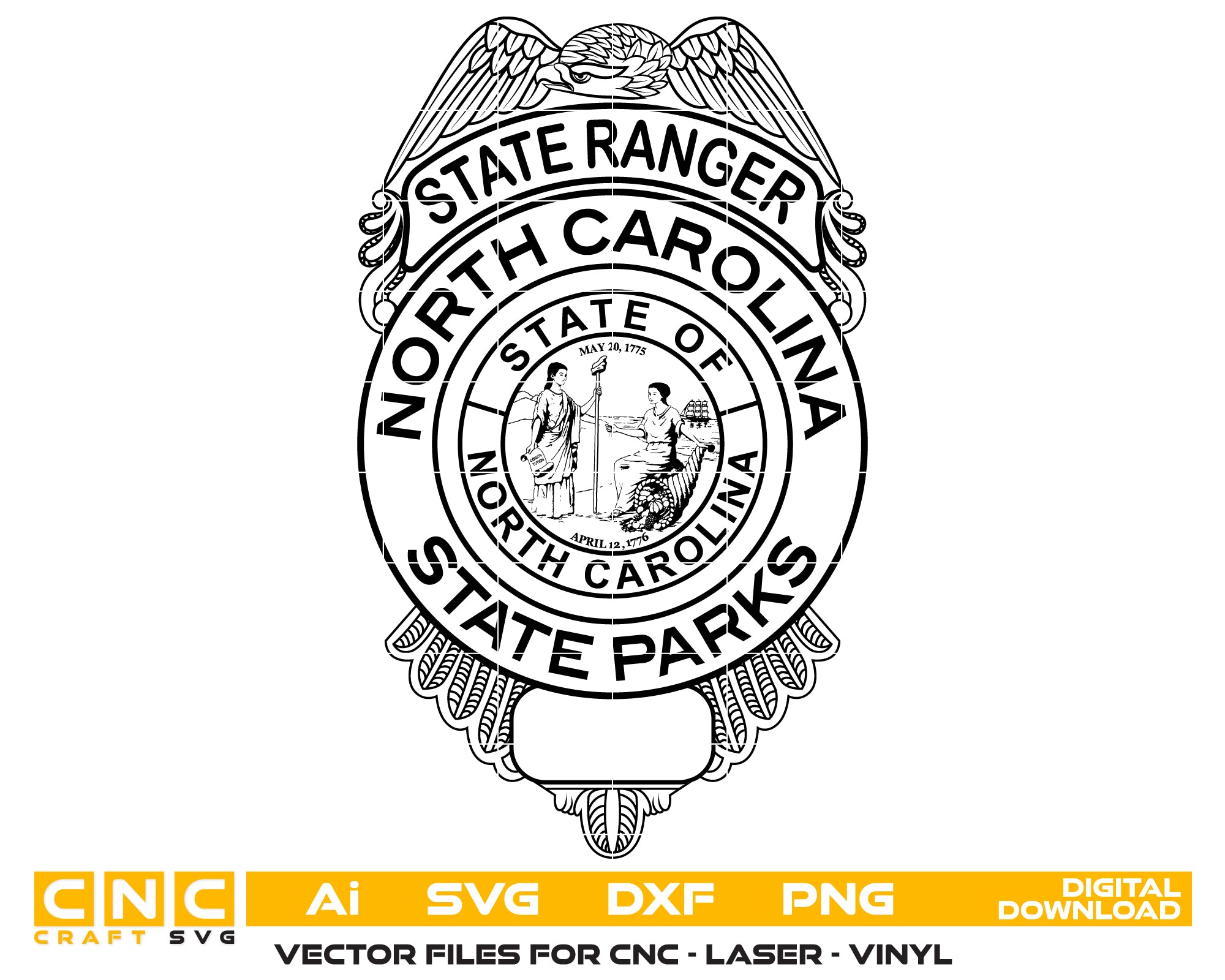 North Carolina State Parks Ranger Badge SVG
NC Park Ranger Vector
Eagle Shield State Seal Emblem
Ranger Plaque Engraving File
North Carolina Parks Sign CNC File