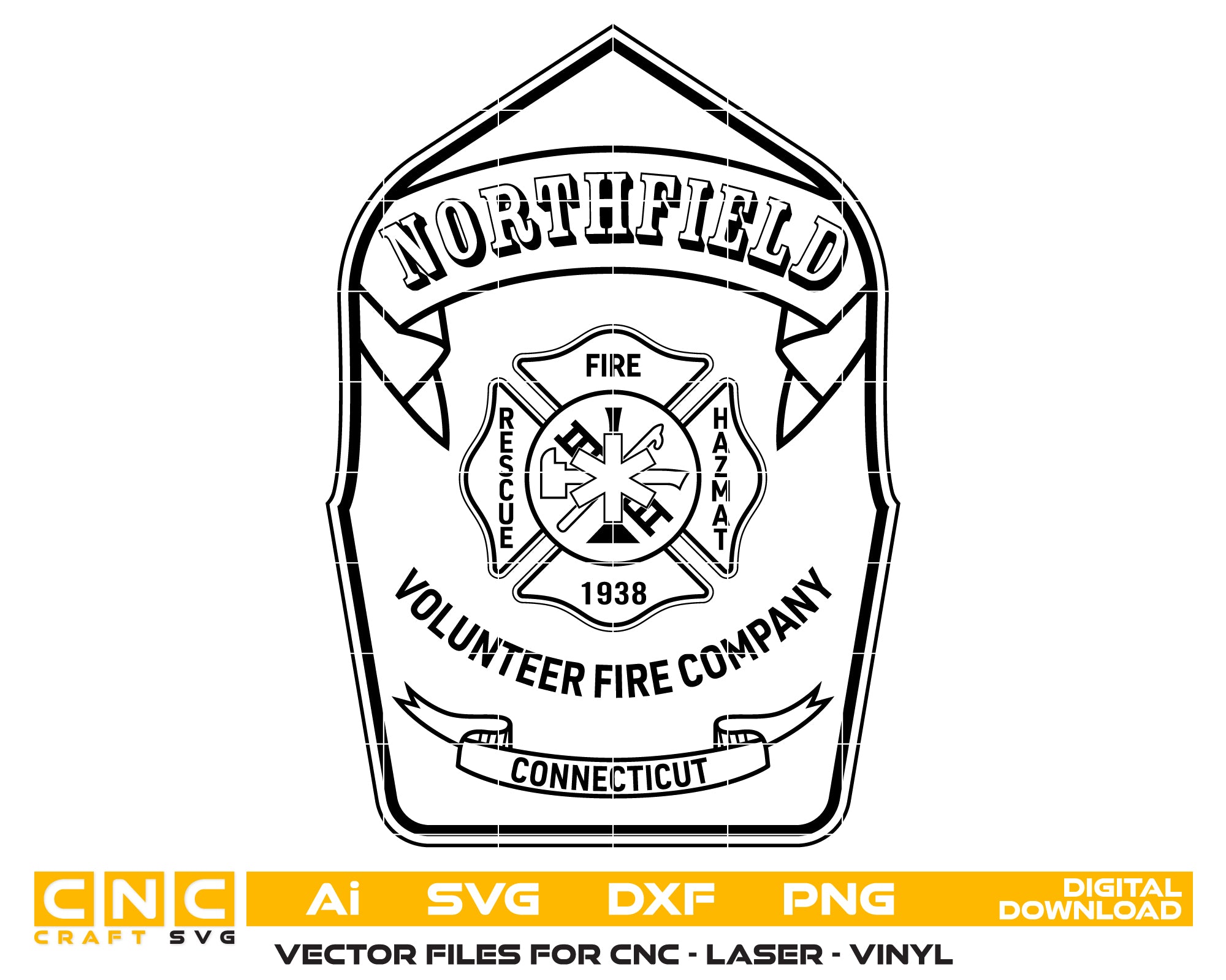 Northfield Volunteer Fire Company Logo SVG
Connecticut Fire Department Vector Design
Volunteer Firefighter Maltese Cross Engraving File
Northfield CT Fire Sign CNC File
Fire Rescue Badge Vector for Laser Cutting