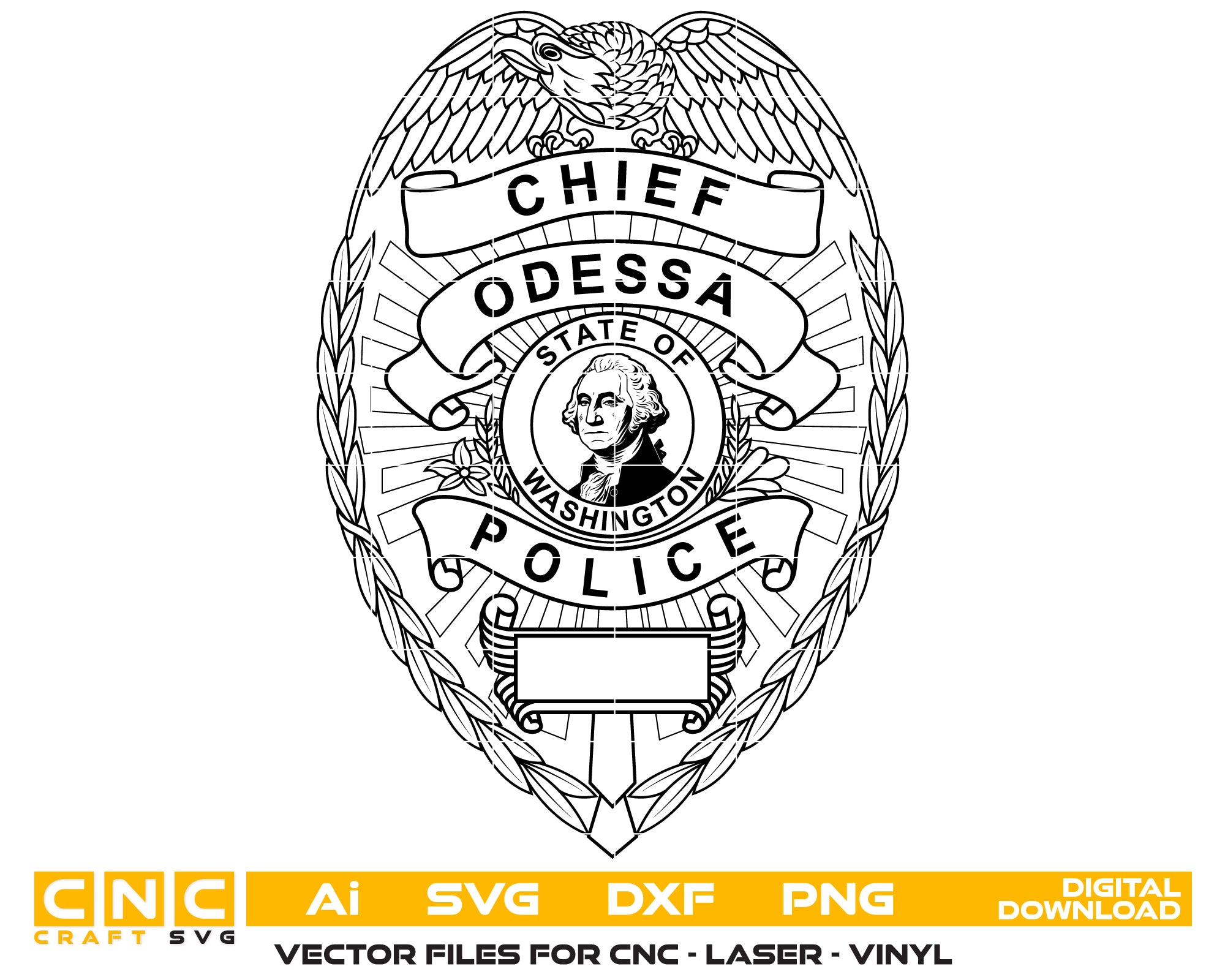 Odessa Police Chief Badge SVG
Washington Law Enforcement Vector
Police Eagle Shield State Seal
Chief Plaque Engraving File
Odessa Police Sign CNC File