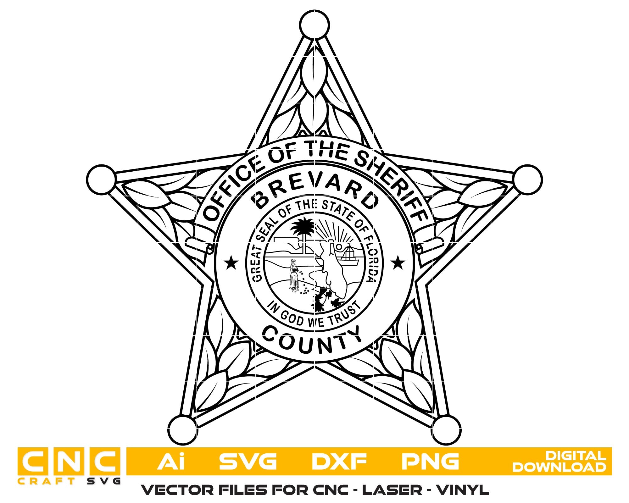 Brevard County Florida Sheriff Office SVG
Florida Office of the Sheriff Badge Vector
Brevard County FL Star Badge CNC File
Law Enforcement Logo for Laser Engraving
Brevard County Sheriff Emblem Design