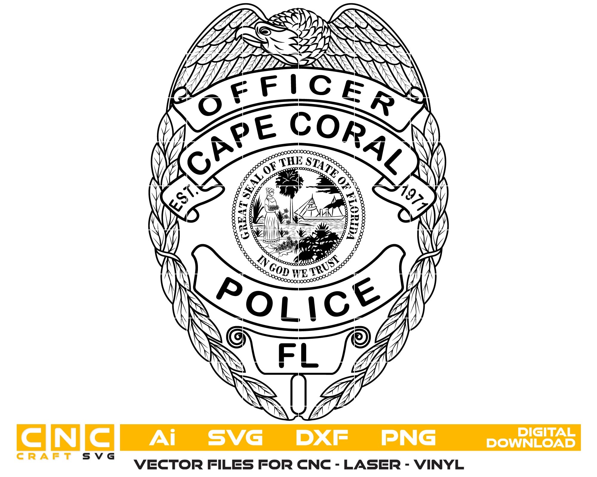 Cape Coral Florida Police Badge SVG
Florida Law Enforcement Emblem Vector
FLPD Officer Badge CNC File
Cape Coral Police Logo for Engraving
Custom Police Officer Gift SVG