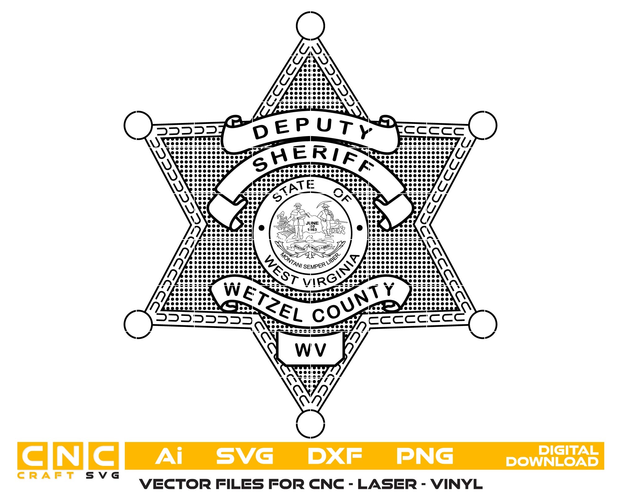 Wetzel County West Virginia Deputy Sheriff SVG
West Virginia State Star Badge Vector
Wetzel County WV PD Emblem for CNC Engraving
Deputy Sheriff Badge SVG for Laser Cut
WV Law Enforcement Badge Vector Design