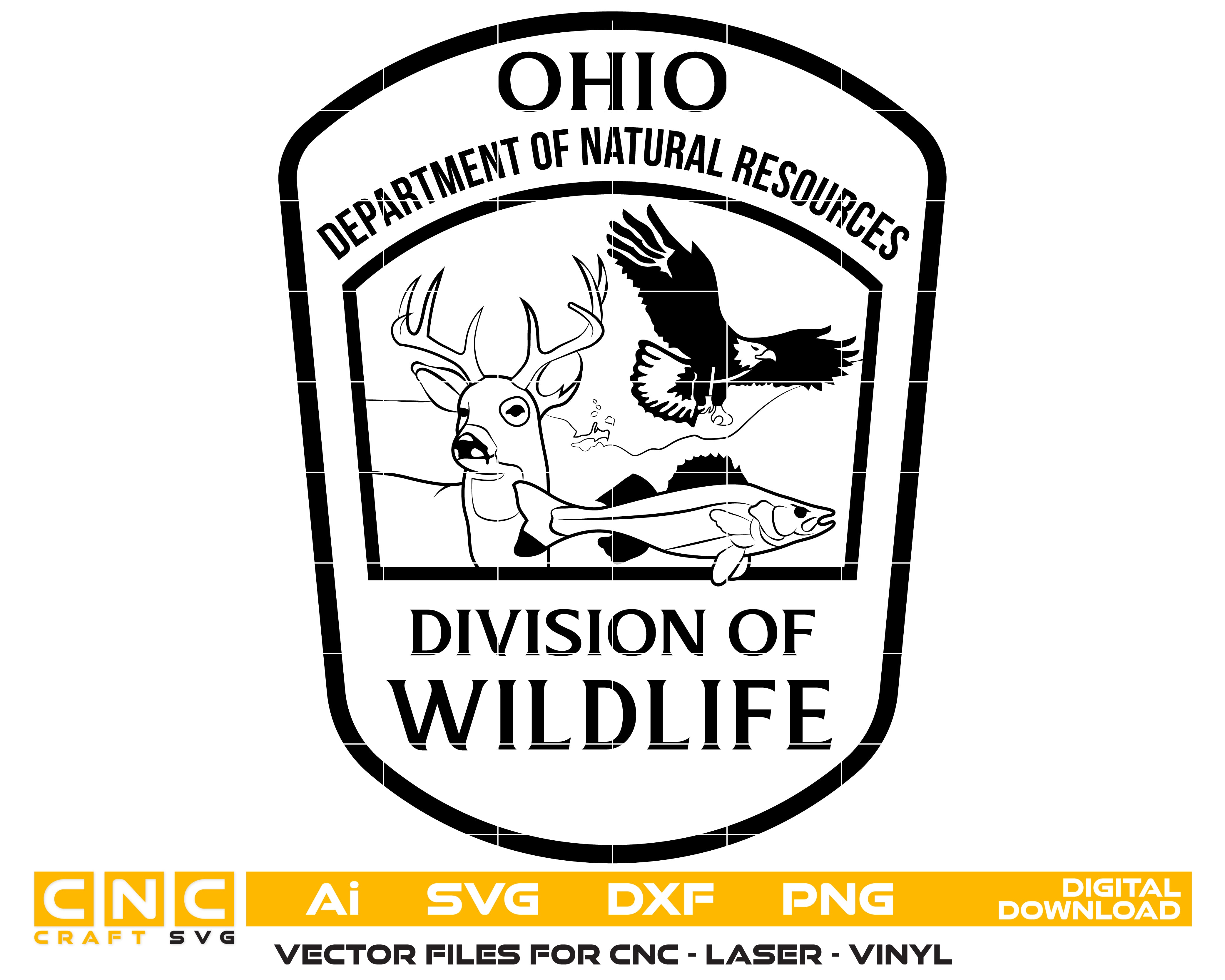 Ohio DNR Division of Wildlife Badge SVG
Department of Natural Resources Vector Design
Eagle Deer and Fish Conservation Emblem
Wildlife Officer Sign Engraving File
Ohio Wildlife Badge CNC Router File
