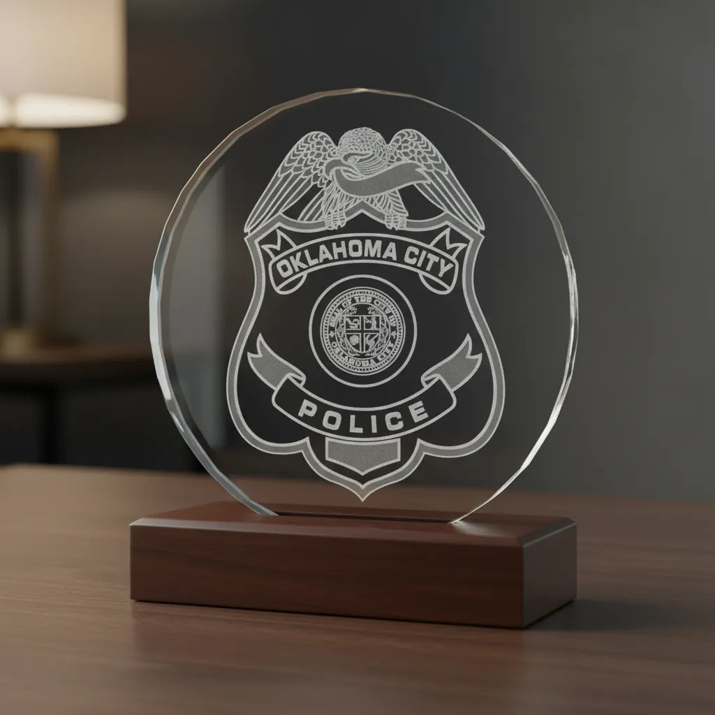 Oklahoma City OK Police Badge SVG
Oklahoma Law Enforcement Shield Vector
City of Oklahoma City Seal Engraving File
Eagle Topped Police Badge Sign CNC File
Blank Plate Police Shield Vector for Lasers
