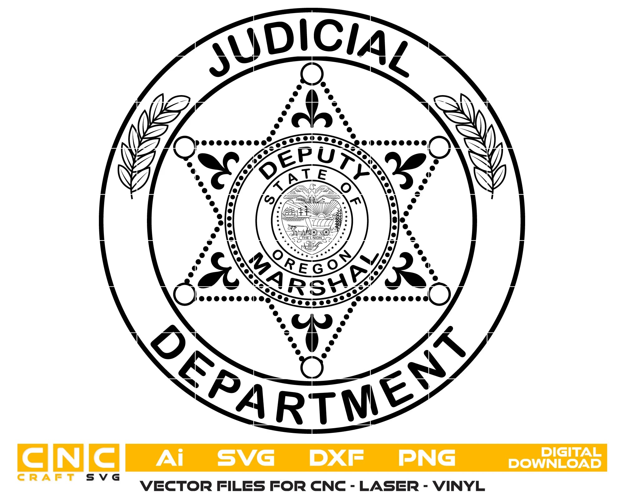 Oregon Deputy Marshal Badge SVG
Oregon Law Enforcement Vector
6-Point Star Judicial Emblem
Marshal Plaque Engraving File
Oregon Marshal Sign CNC File