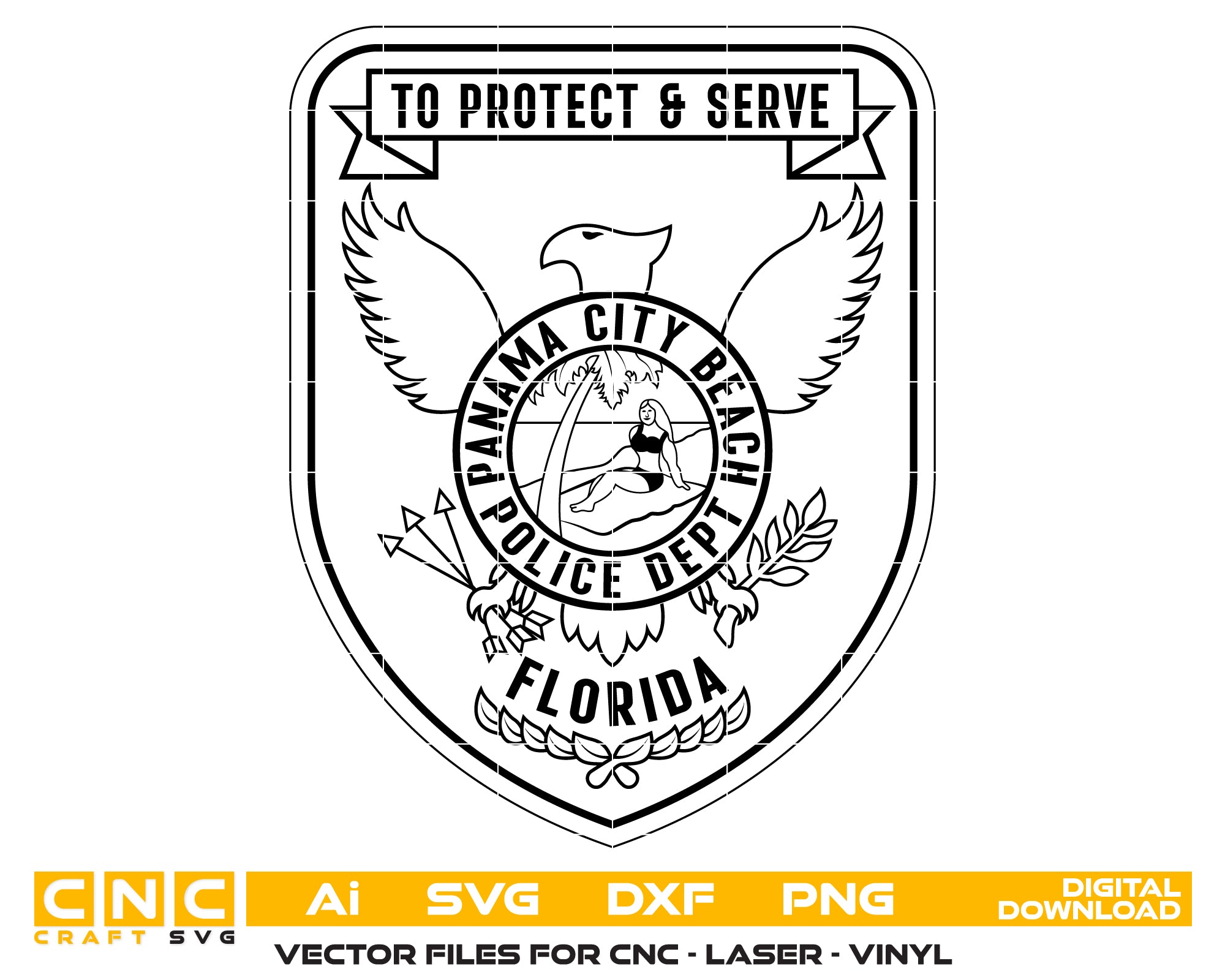 Panama City Beach Police Patch SVG
Florida Law Enforcement Line Art Vector
Police Patch Engraving File
Panama City Beach Sign CNC File
Eagle and Beach Police Vector for Laser Cutting