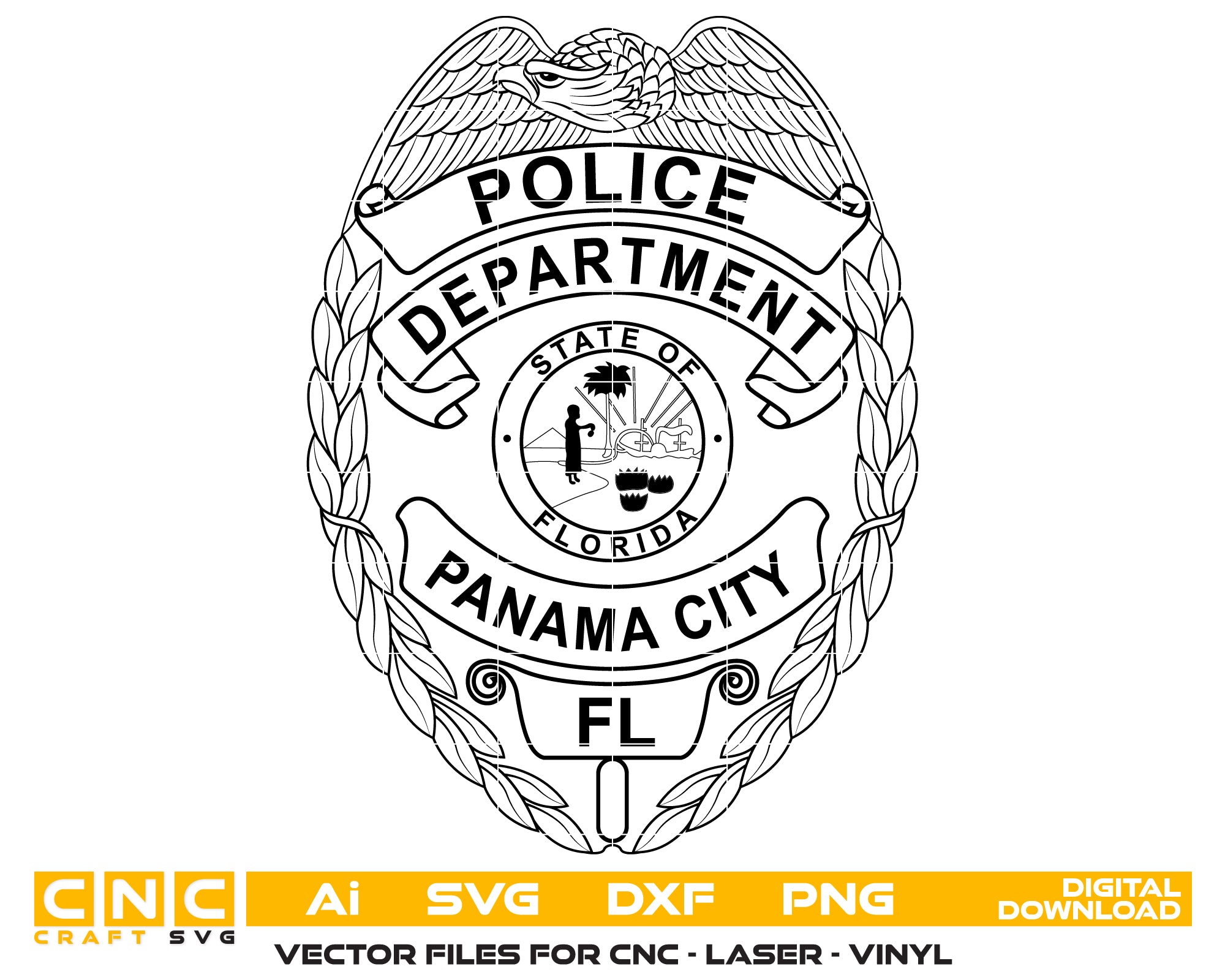 Panama City Police Department Badge SVG
Florida Law Enforcement Shield Vector
State of Florida Seal Engraving File
Eagle Topped Police Badge Sign CNC File
Panama City Cop Shield Vector for Lasers