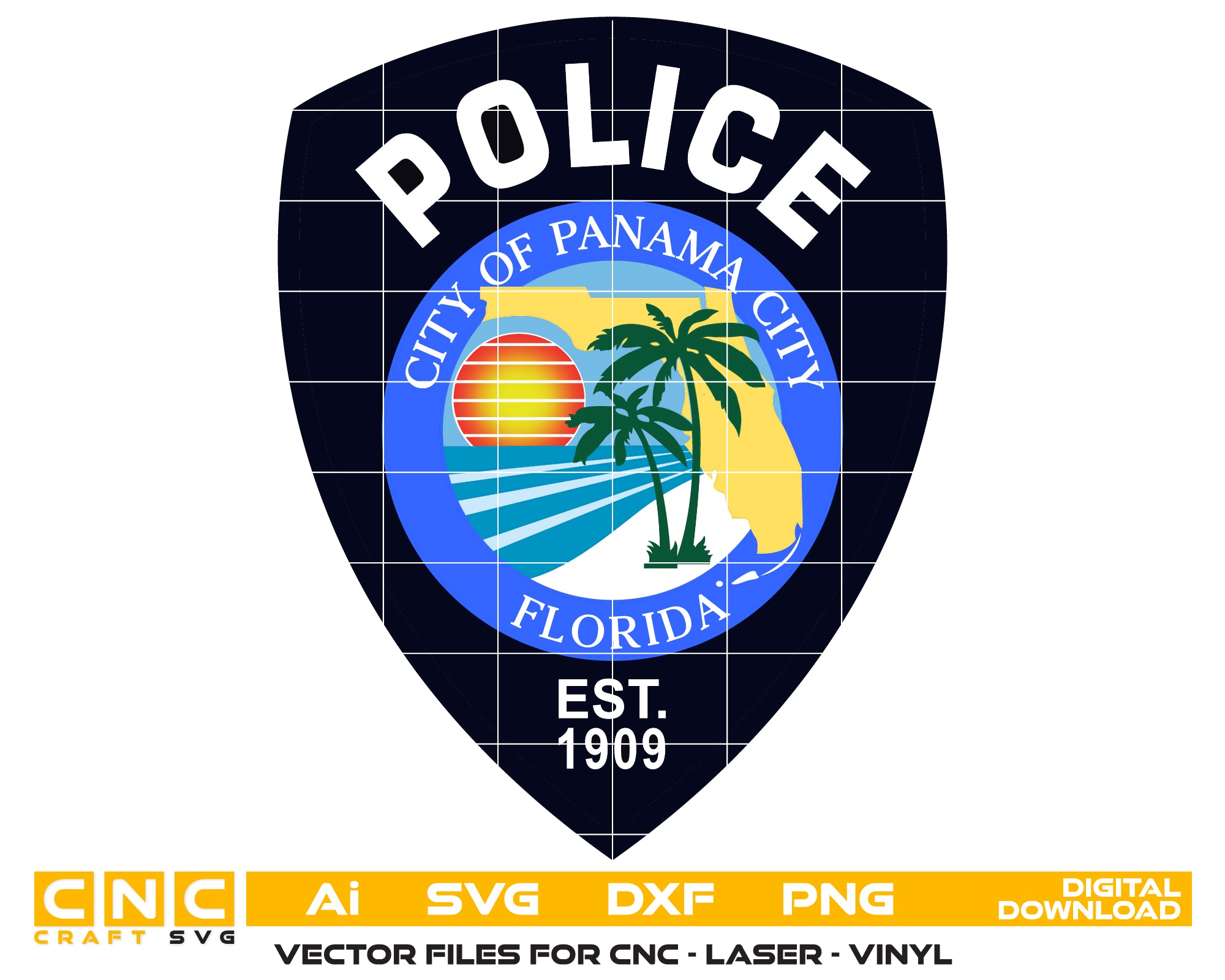Panama City Police Department Patch SVG
Florida Law Enforcement Full Color Vector
Police Patch Sublimation Printing File
Panama City Sign CNC File
Florida Sunset Police Vector for UV Printing