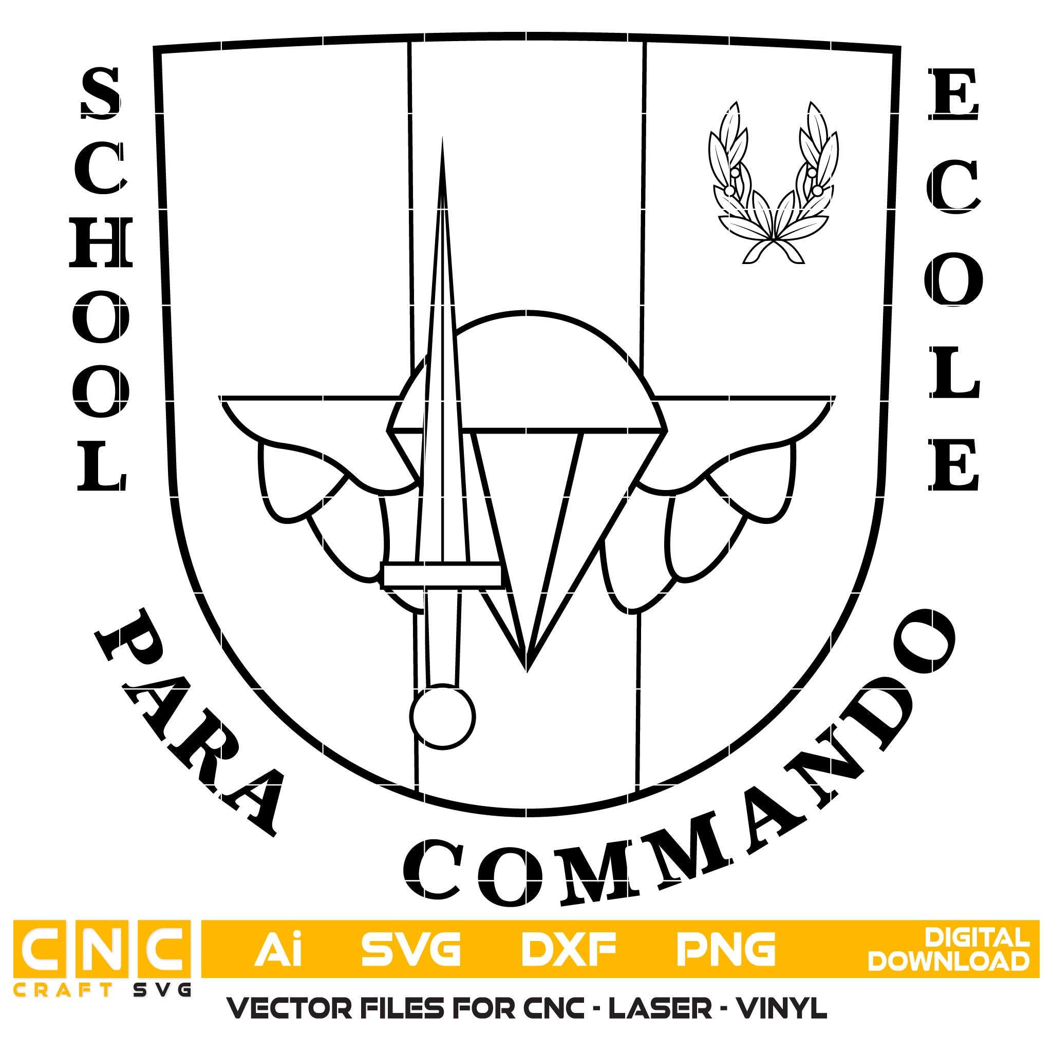 School Para Commando Logo SVG for CNC
Paracommando Training School Vector for Laser Engraving
Special Forces Airborne Emblem for Wood Carving
Professional Para Commando Dagger & Wing Design
Para Commando School SVG Logo for CNC Router Projects