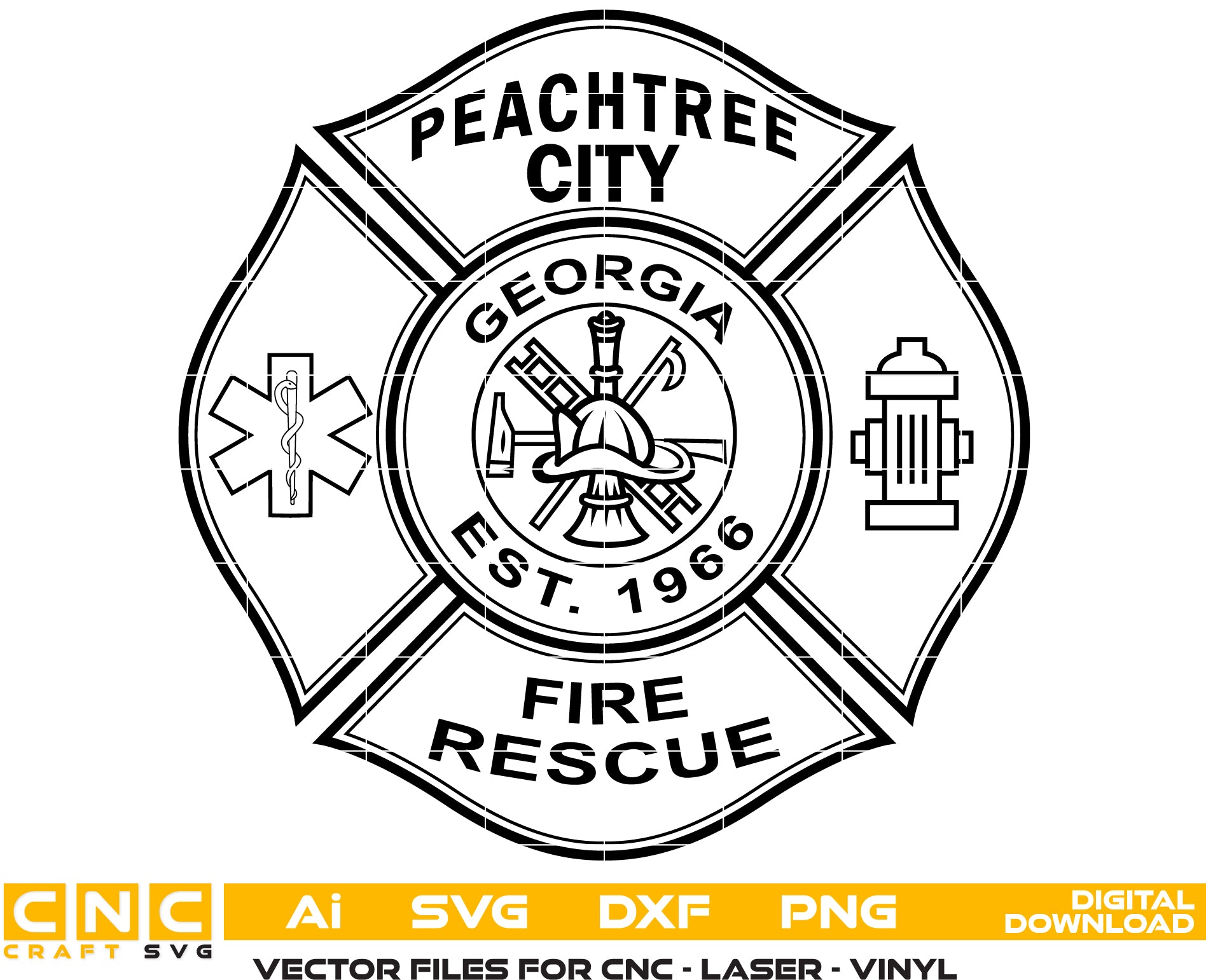Peachtree City Fire Rescue SVG
Georgia Firefighter Vector Design
Maltese Cross Fire Dept Emblem
Star of Life EMS Engraving File
Peachtree City Sign CNC File