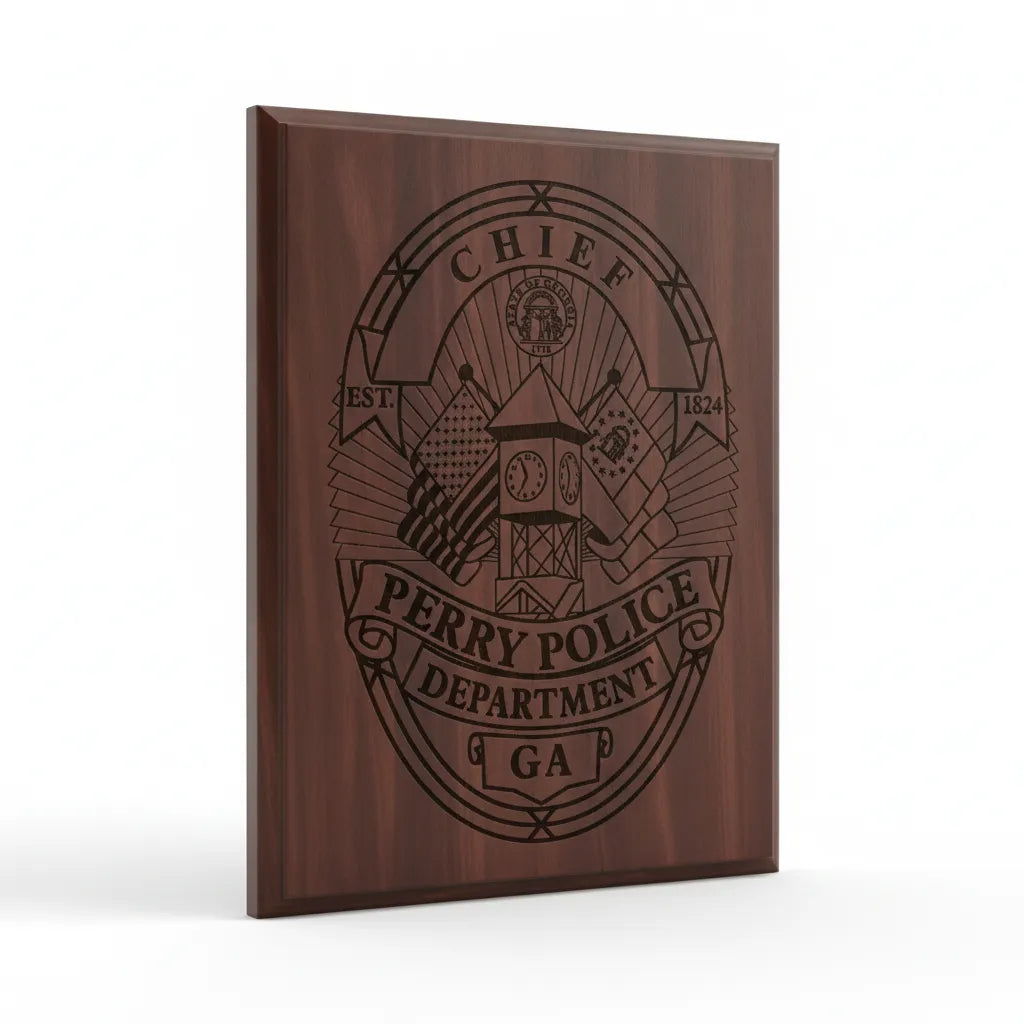 Perry GA Police Chief Badge SVG
Georgia Law Enforcement Shield Vector
Clock Tower and Flags Engraving File
Perry Police Badge Sign CNC File
Police Chief Shield Vector for Lasers