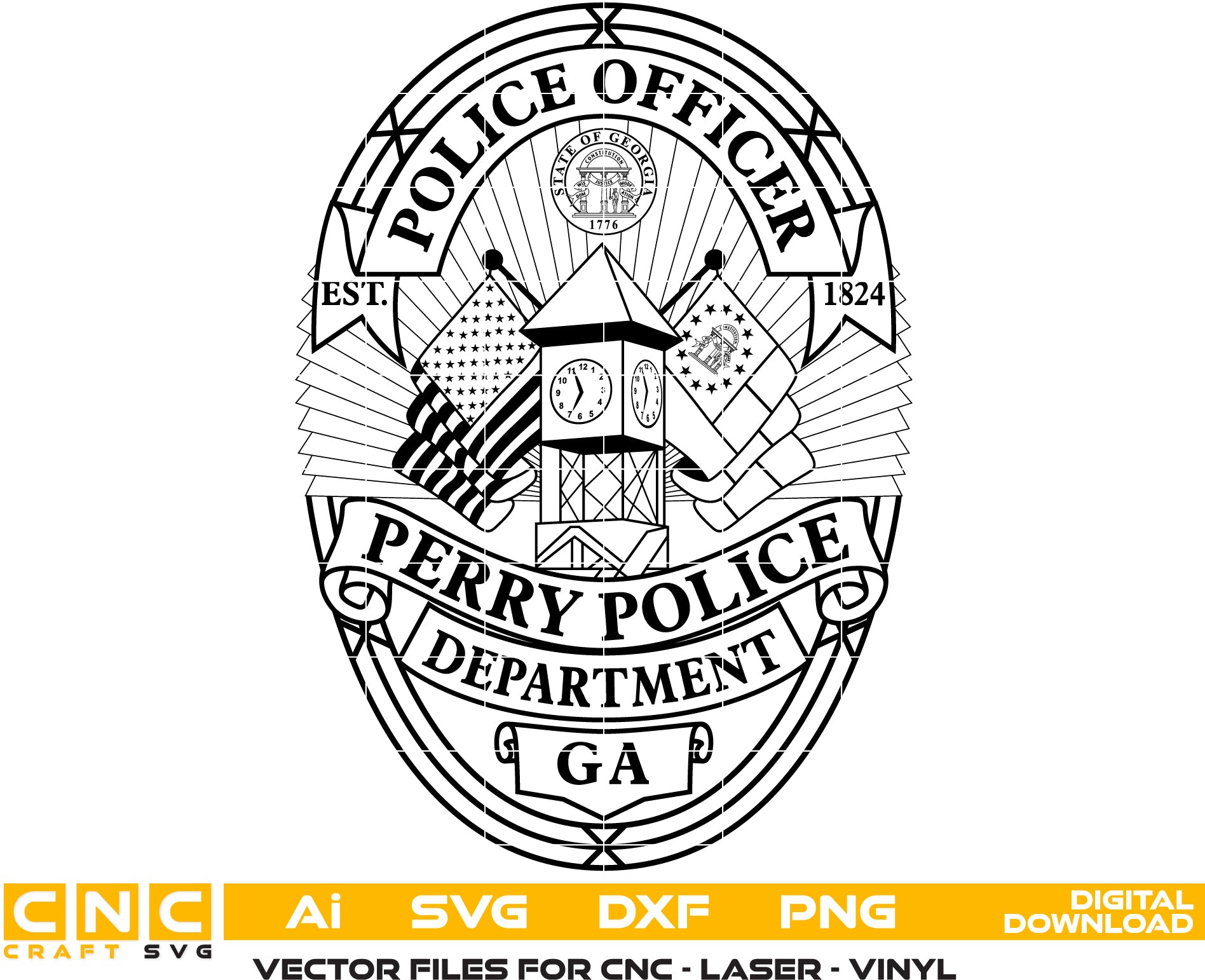 Perry GA Police Officer Badge SVG
Georgia Law Enforcement Shield Vector
Clock Tower and Flags Engraving File
Perry Police Badge Sign CNC File
Police Officer Shield Vector for Lasers