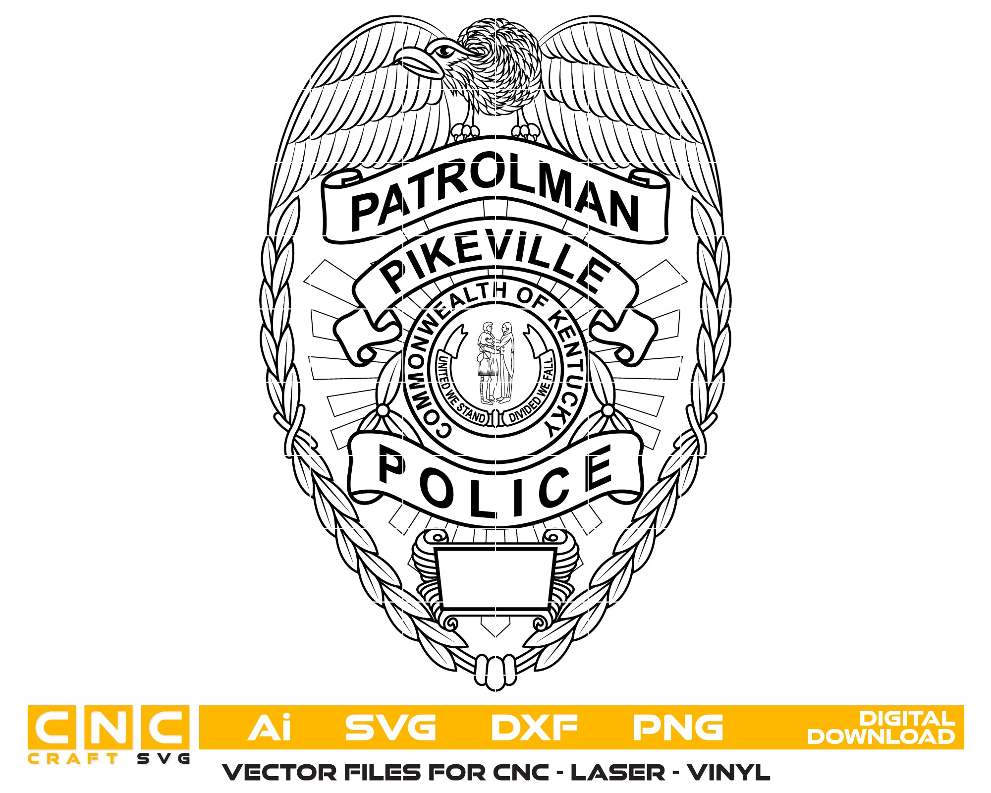 Pikeville Police Patrolman Badge SVG
Kentucky Law Enforcement Vector Design
Eagle Laurel Wreath Badge Engraving File
Pikeville KY Police Sign CNC File
Commonwealth of Kentucky Seal Vector for Lasers