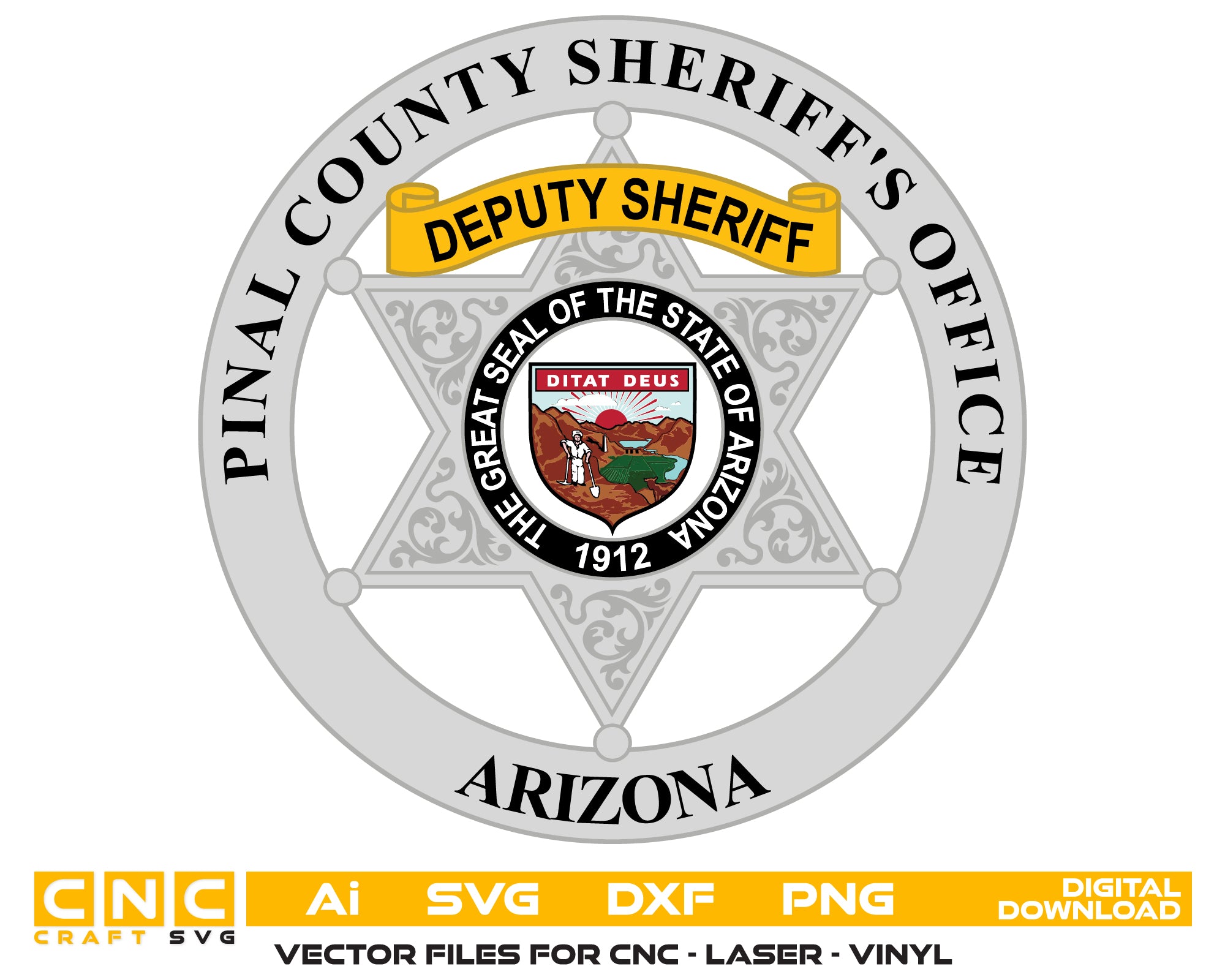 Pinal County Deputy Sheriff Badge SVG
Arizona Law Enforcement Vector
Sheriff Office 6-Point Star Emblem
Deputy Plaque Engraving File
Pinal County Sign CNC File