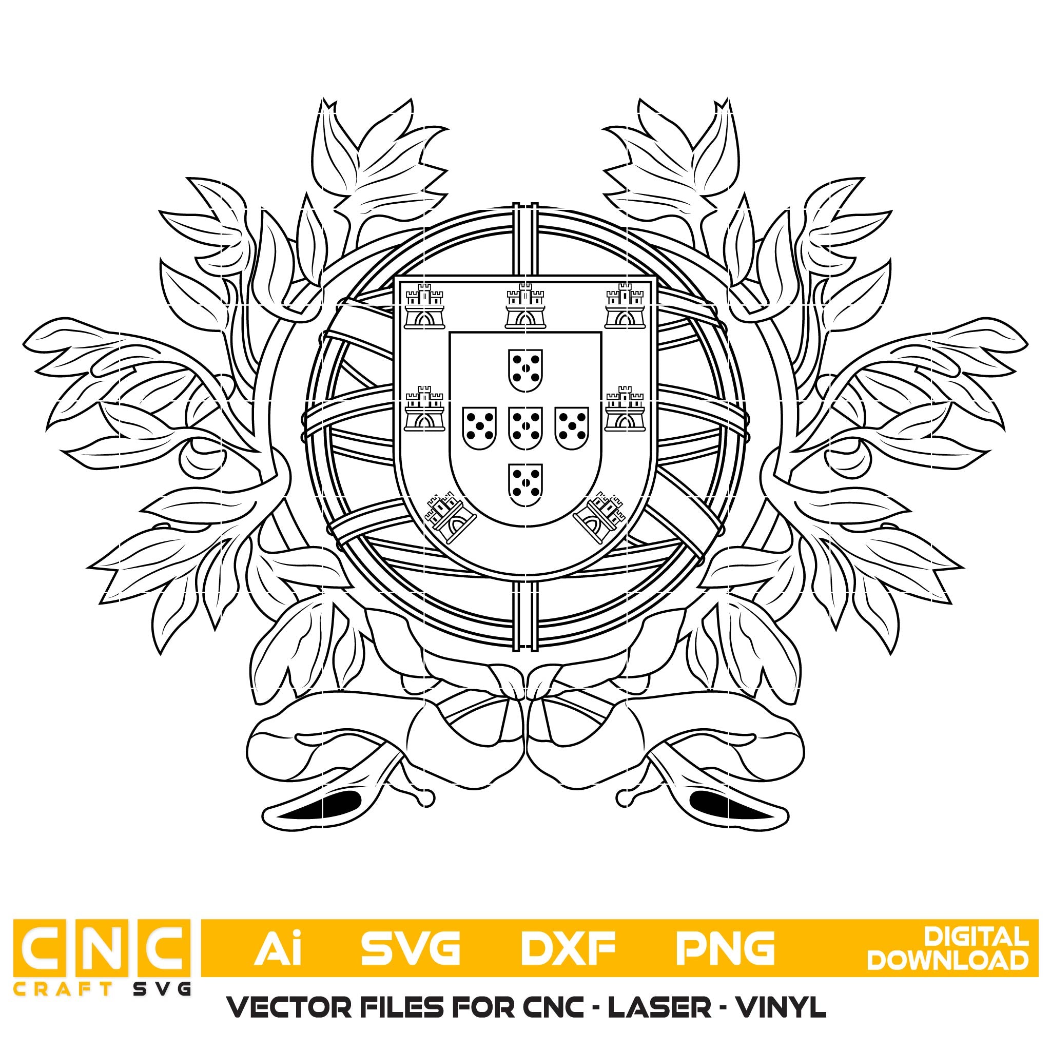 Portugal Coat of Arms SVG for CNC
Portugal National Emblem Vector for Laser Engraving
Portuguese Armillary Sphere Emblem for Wood Carving
Professional Portugal Coat of Arms Vector Design
Portugal SVG Emblem Logo for CNC Router Projects