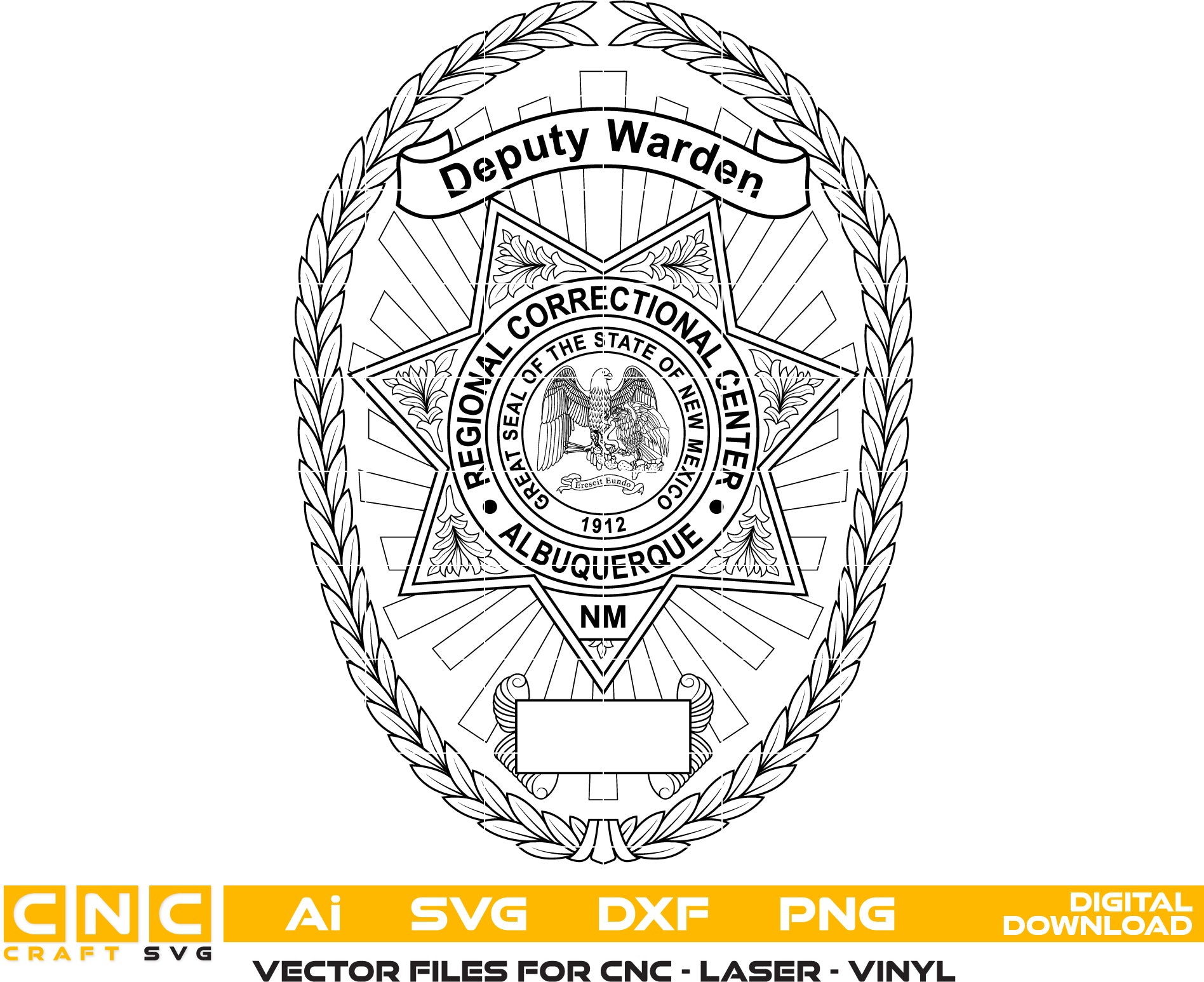 Regional Correctional Center Deputy Warden Badge SVG
New Mexico Law Enforcement Shield Vector
Great Seal of New Mexico Engraving File
6 Point Star Corrections Badge Sign CNC File
Blank Plate Deputy Warden Shield Vector for Lasers