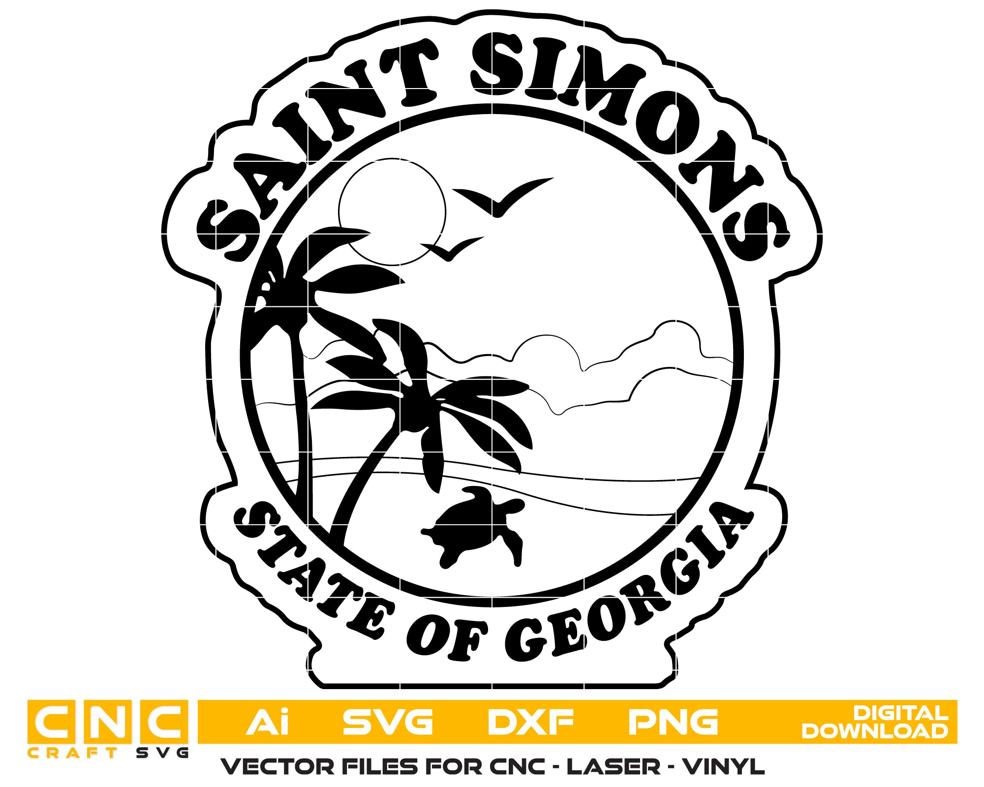 Saint Simons Georgia Coastal Seal SVG
Georgia Island Beach Scene Vector
Palm Trees and Sea Turtle Engraving File
Saint Simons Sign CNC File
Coastal Badge Vector for Lasers