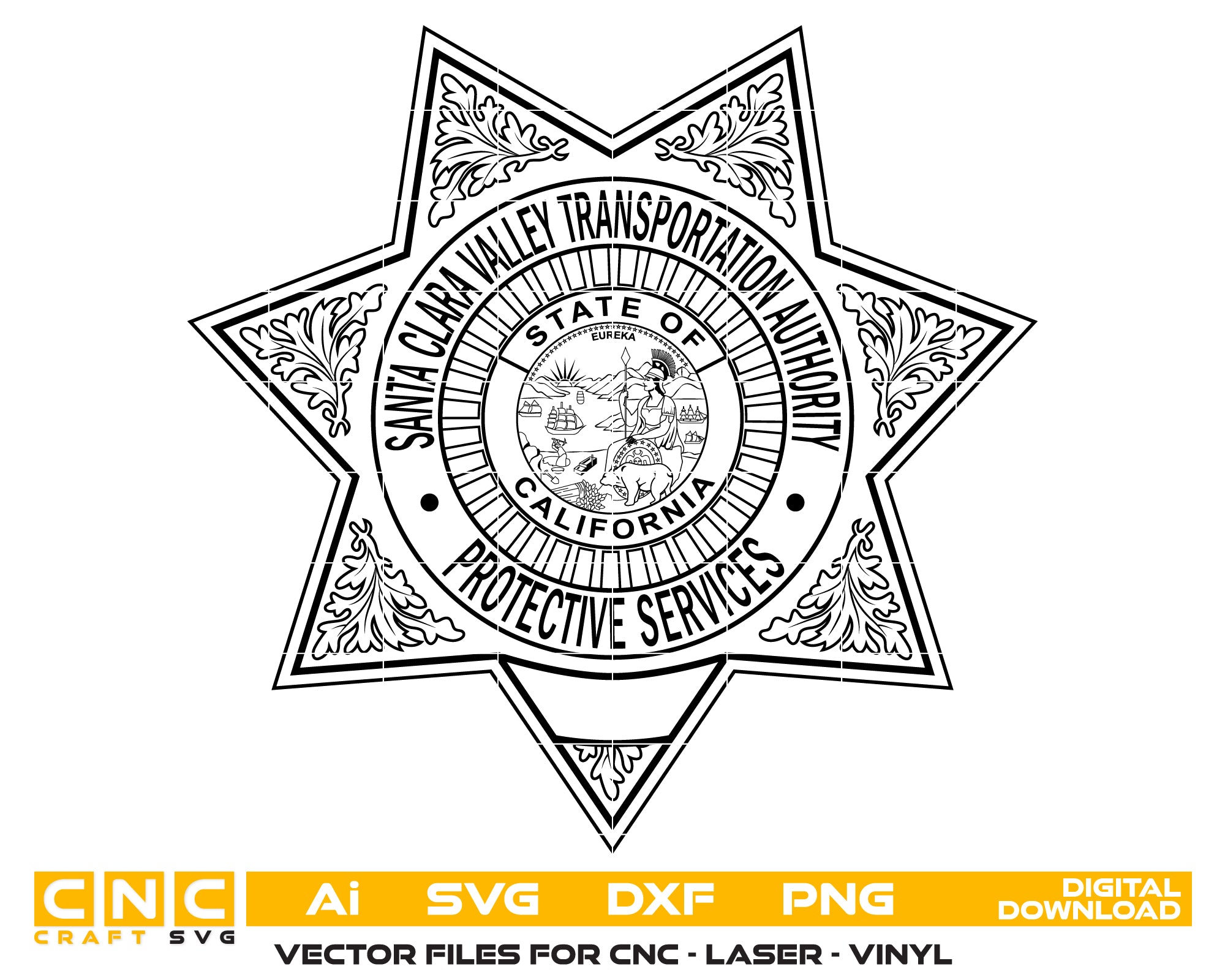 Santa Clara Valley Protective Services Badge SVG
California Transit Security Vector Design
7-Point Star Badge Engraving File
Santa Clara Valley VTA Sign CNC File
California State Seal Badge Vector for Lasers