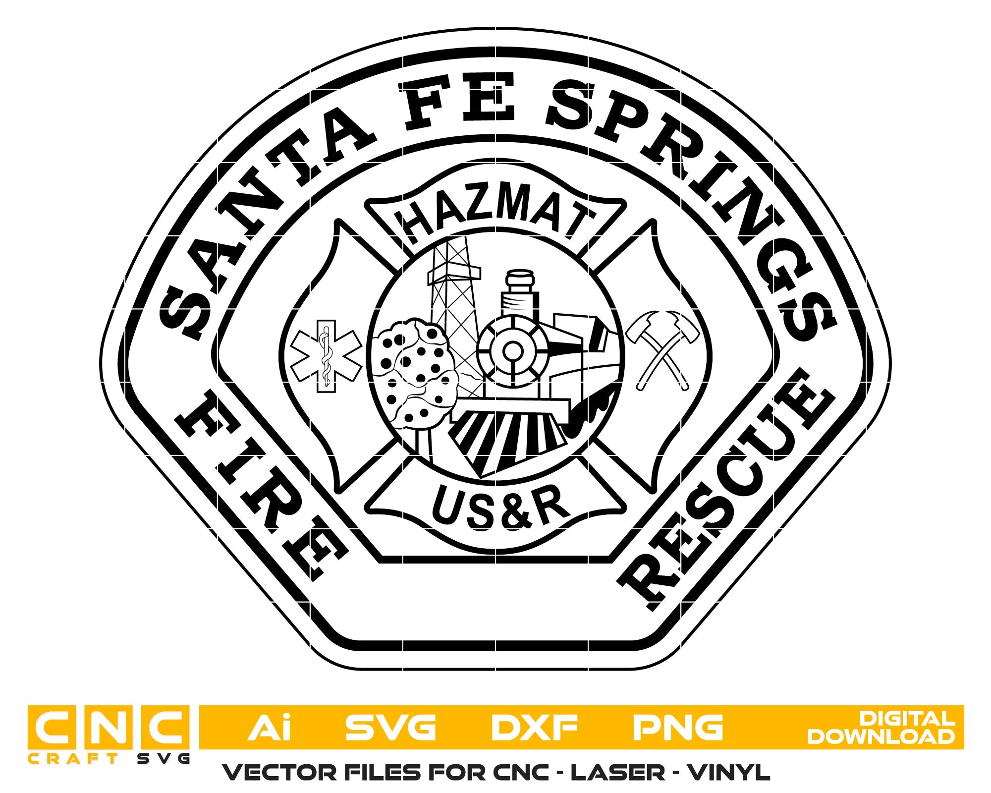 Santa Fe Springs Fire Rescue Patch SVG
California Fire Department Vector
Firefighter Maltese Cross Emblem
Firefighter Plaque Engraving File
Santa Fe Springs Fire Sign CNC File