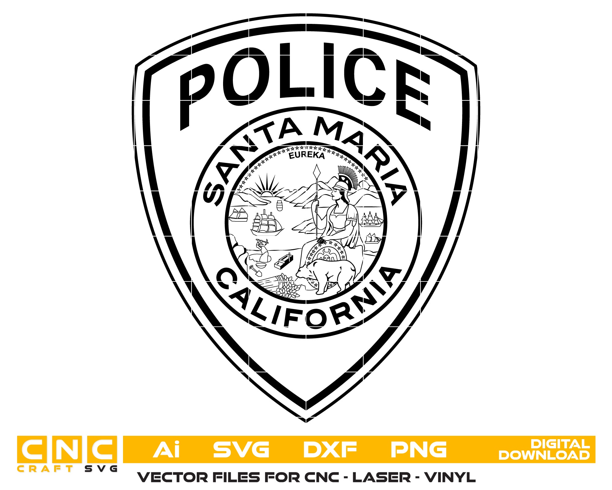 Santa Maria Police Department Patch SVG
California Law Enforcement Vector
Police Shield State Seal Emblem
Officer Plaque Engraving File
Santa Maria Police Sign CNC File