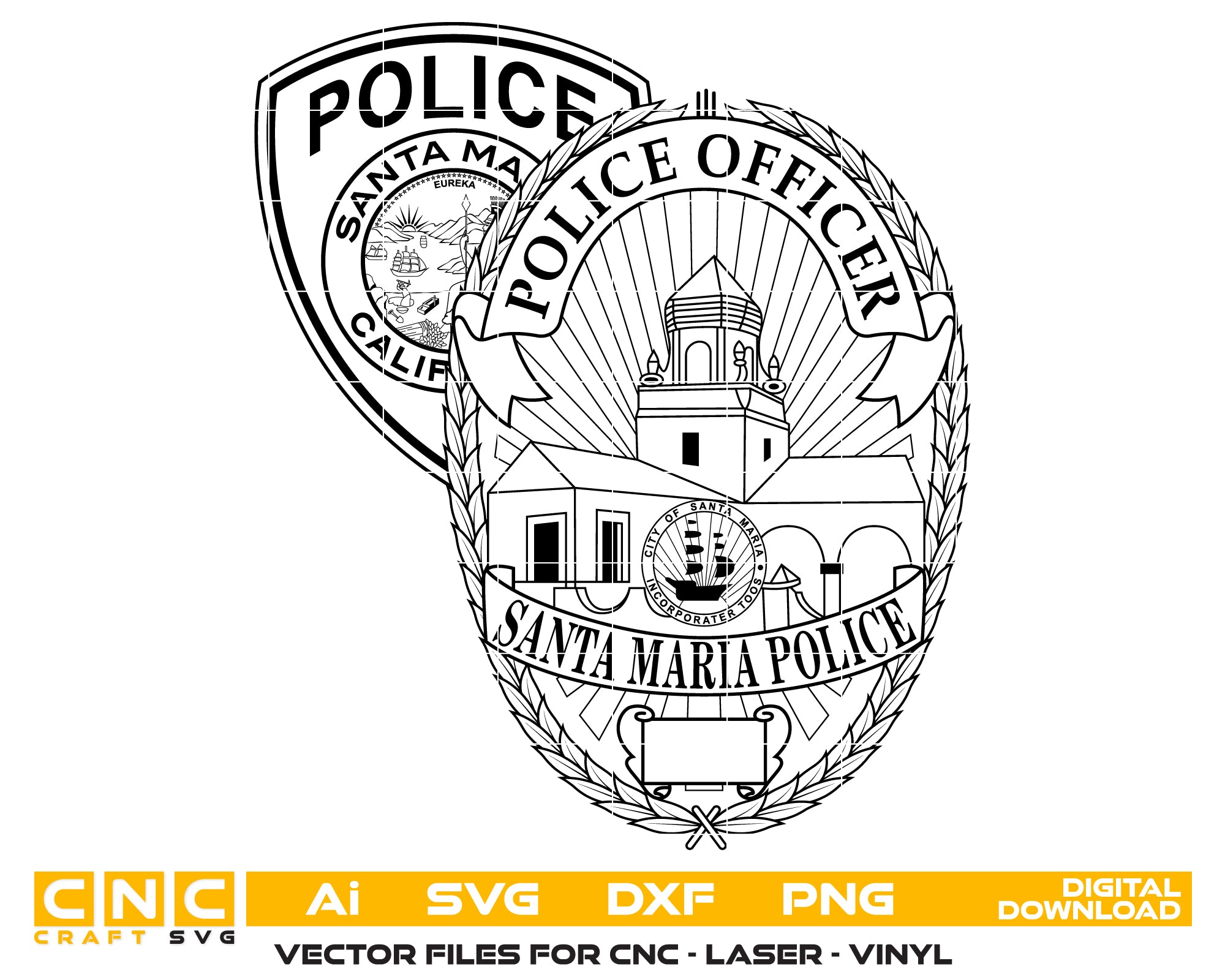 Santa Maria Police Officer Badge SVG
California Law Enforcement Vector Design
Mission Architecture Police Badge Engraving File
Santa Maria CA Police Sign CNC File
Oval Laurel Wreath Badge Vector for Lasers
