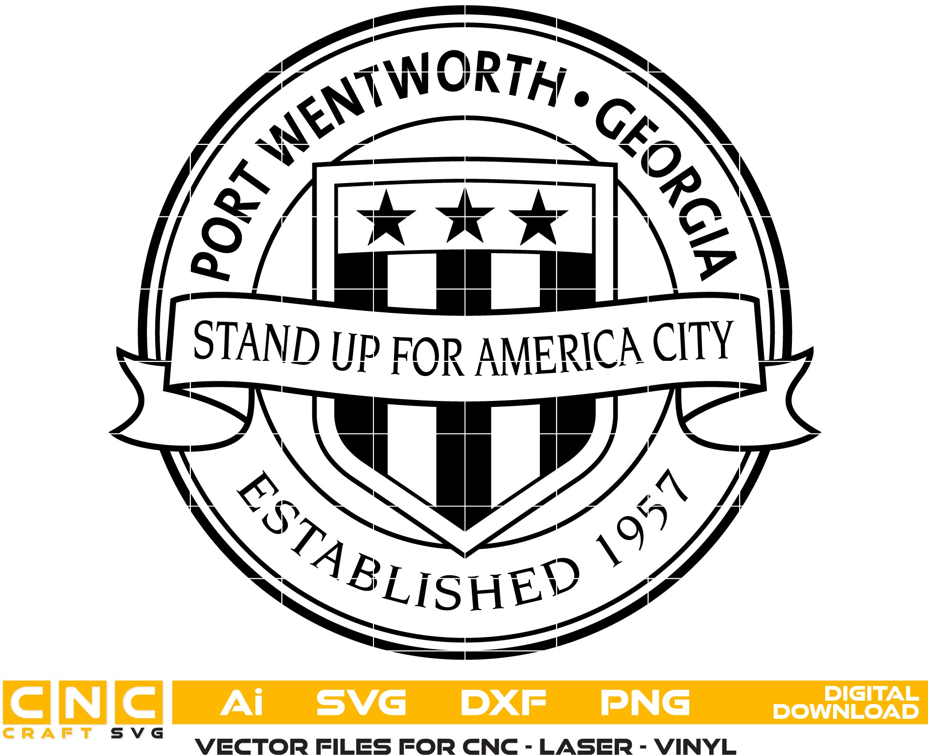 Seal of Port Wentworth Georgia SVG
Stand Up For America City Vector Design
Port Wentworth City Seal Engraving File
Georgia Municipal Sign CNC File
Shield and Stars Seal Vector for Laser Cutting