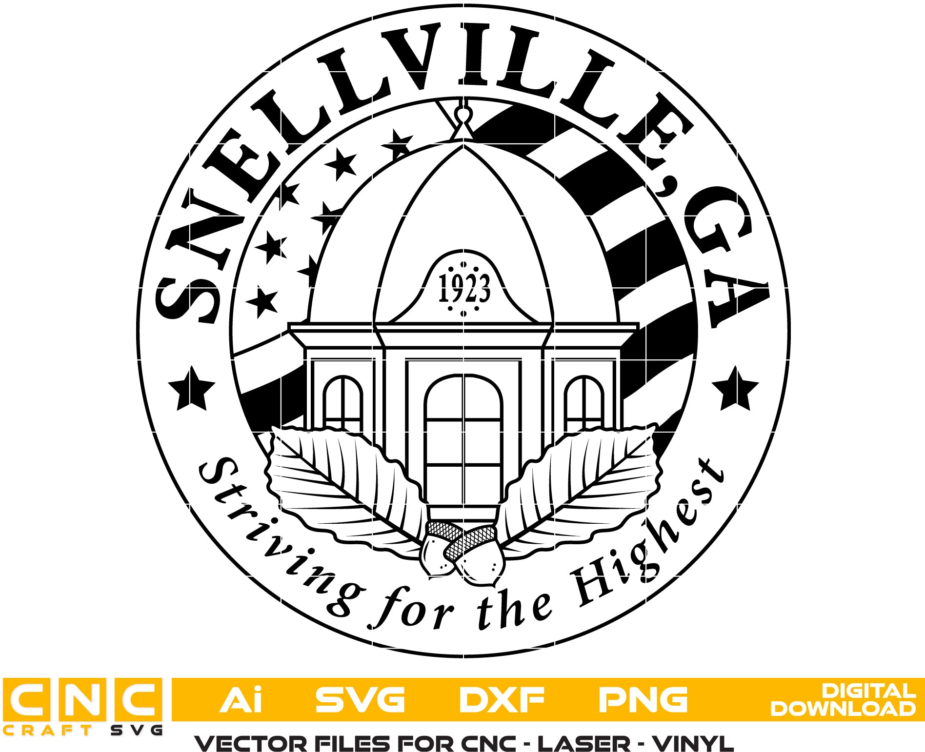 Seal of Snellville Georgia SVG
Snellville City Dome Vector Design
Striving for the Highest Engraving File
Georgia Municipal Sign CNC File
Snellville City Seal Vector for Laser Cutting