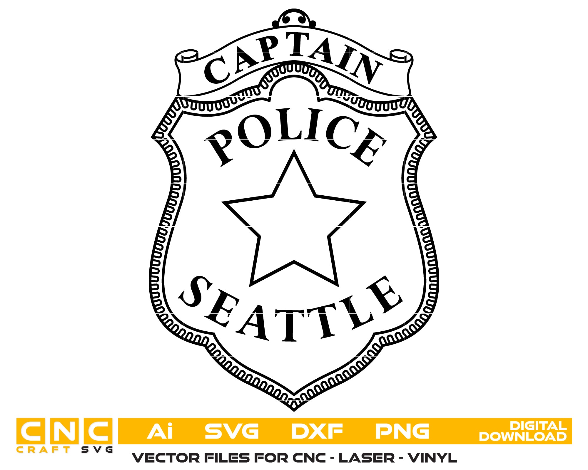 Seattle Police Captain Badge SVG
Washington Law Enforcement Vector
Captain Badge Engraving File
Seattle Police Sign CNC File
Police Shield Vector for Laser Cutting