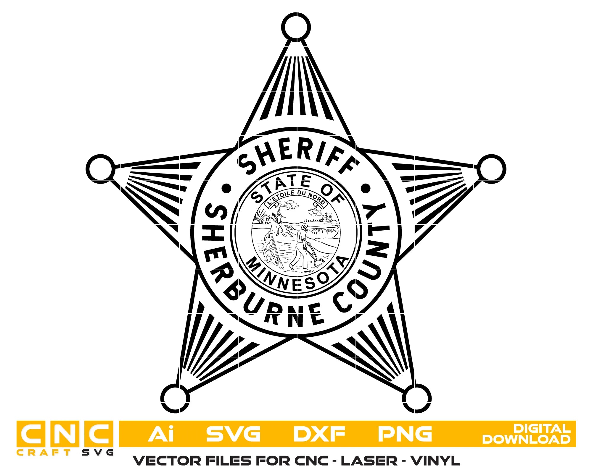 Sherburne County Sheriff Badge SVG
Minnesota Law Enforcement Vector
5-Point Star Sheriff Emblem
Deputy Plaque Engraving File
Sherburne County Sign CNC File