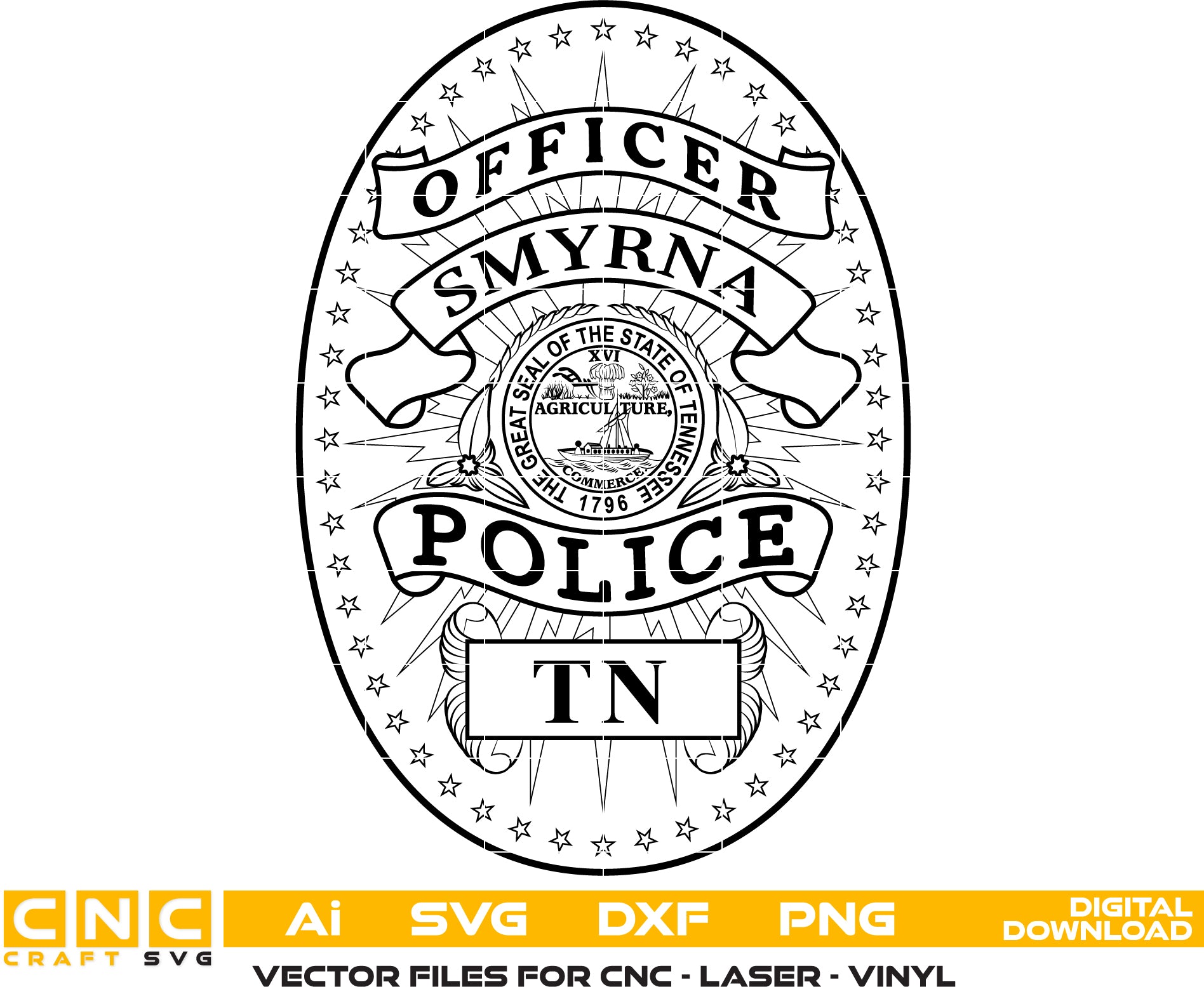 Smyrna TN Police Officer Badge SVG
Tennessee Law Enforcement Shield Vector
State of Tennessee Seal Engraving File
Star Border Police Badge Sign CNC File
Police Shield Vector for Laser Engraving