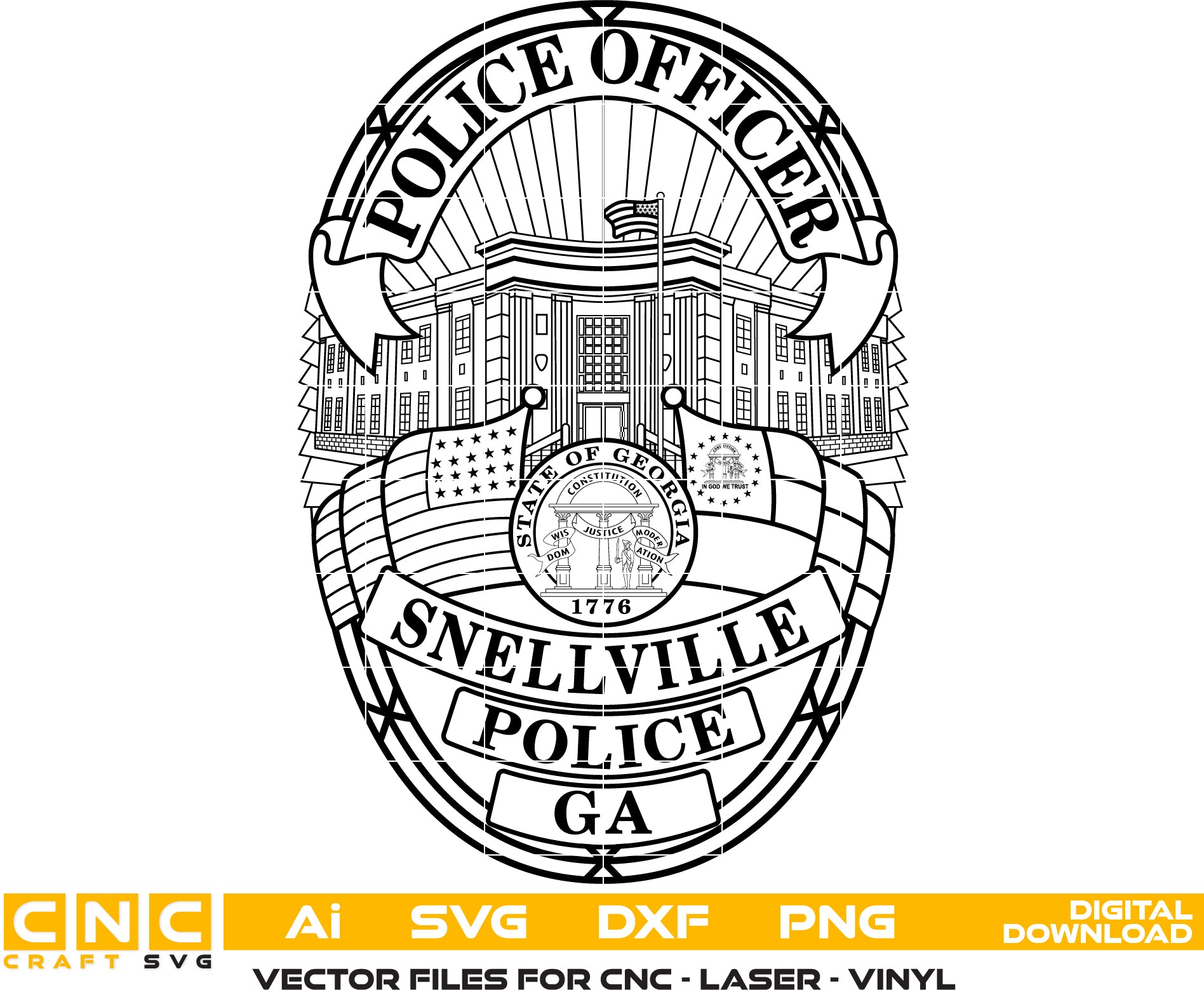 Snellville GA Police Officer Badge SVG
Georgia Law Enforcement Shield Vector
State of Georgia Seal Engraving File
Crossed Flags Police Badge Sign CNC
Police Shield Vector for Laser Engraving
