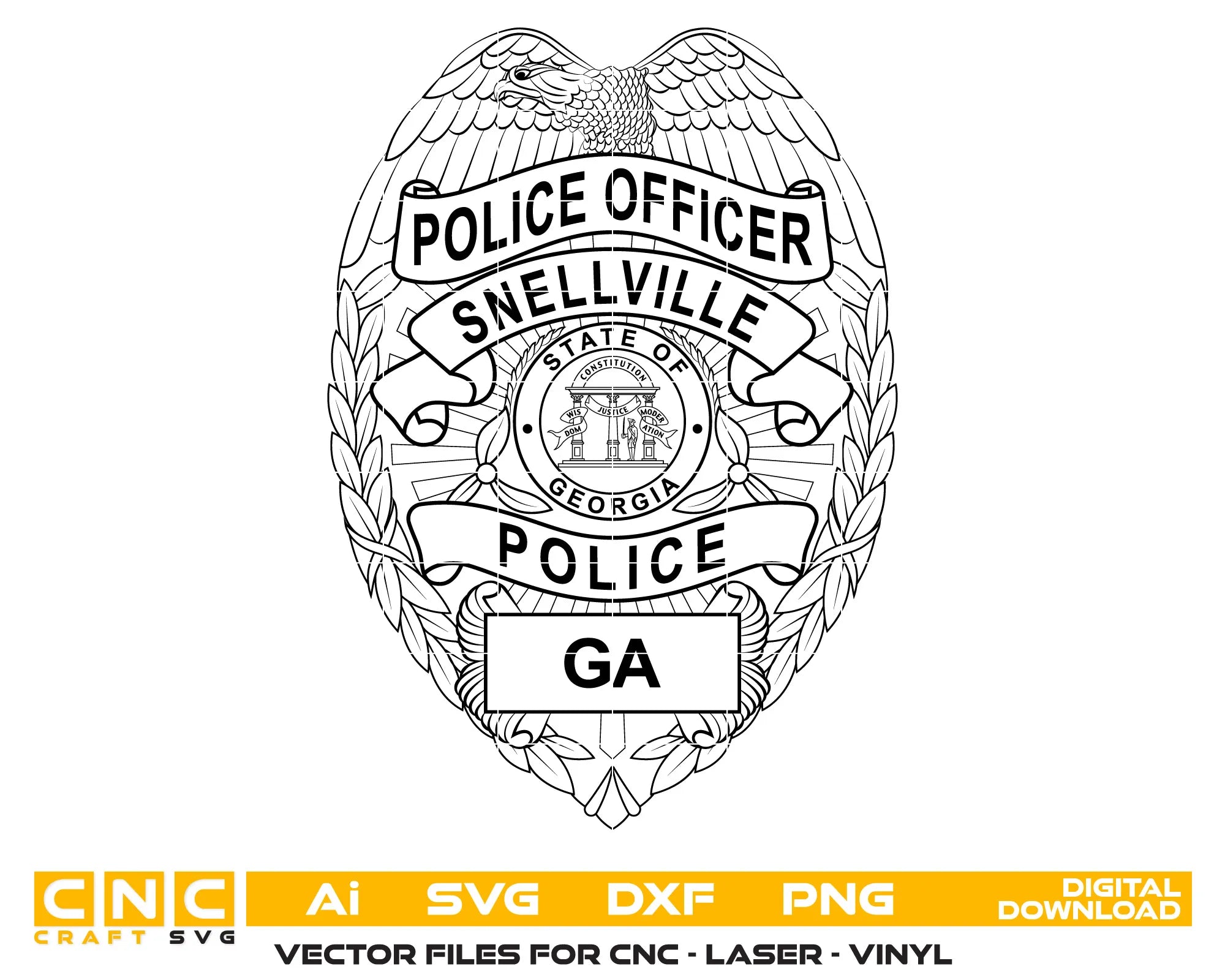 Snellville Police Officer Badge SVG
Georgia Law Enforcement Vector
Police Eagle Oval Badge State Seal
Officer Plaque Engraving File
Snellville Police Sign CNC File