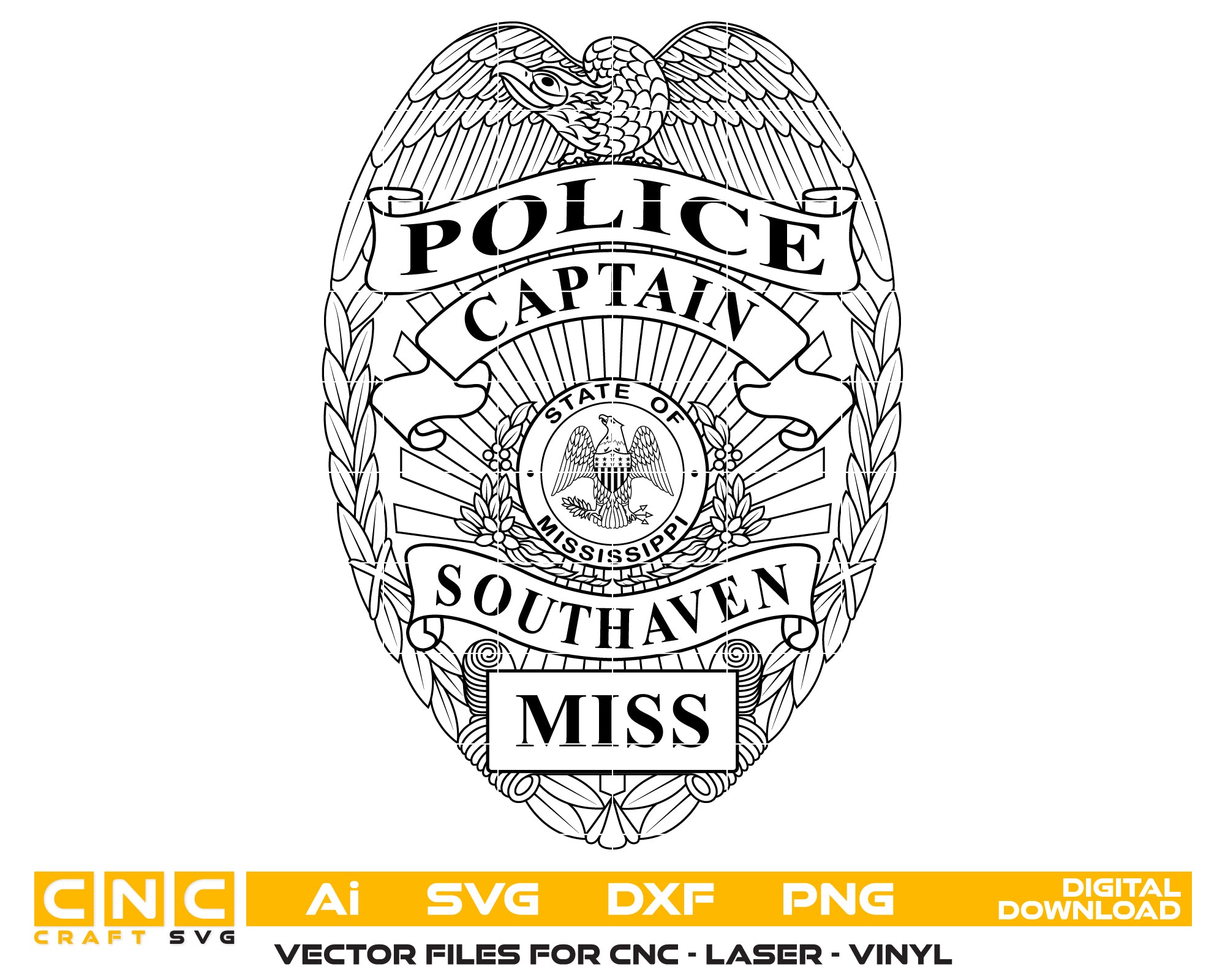 Southaven Police Captain Badge SVG
Mississippi Law Enforcement Vector
Police Captain Badge Engraving File
Southaven Police Sign CNC File
Captain Badge Vector for Laser Cutting