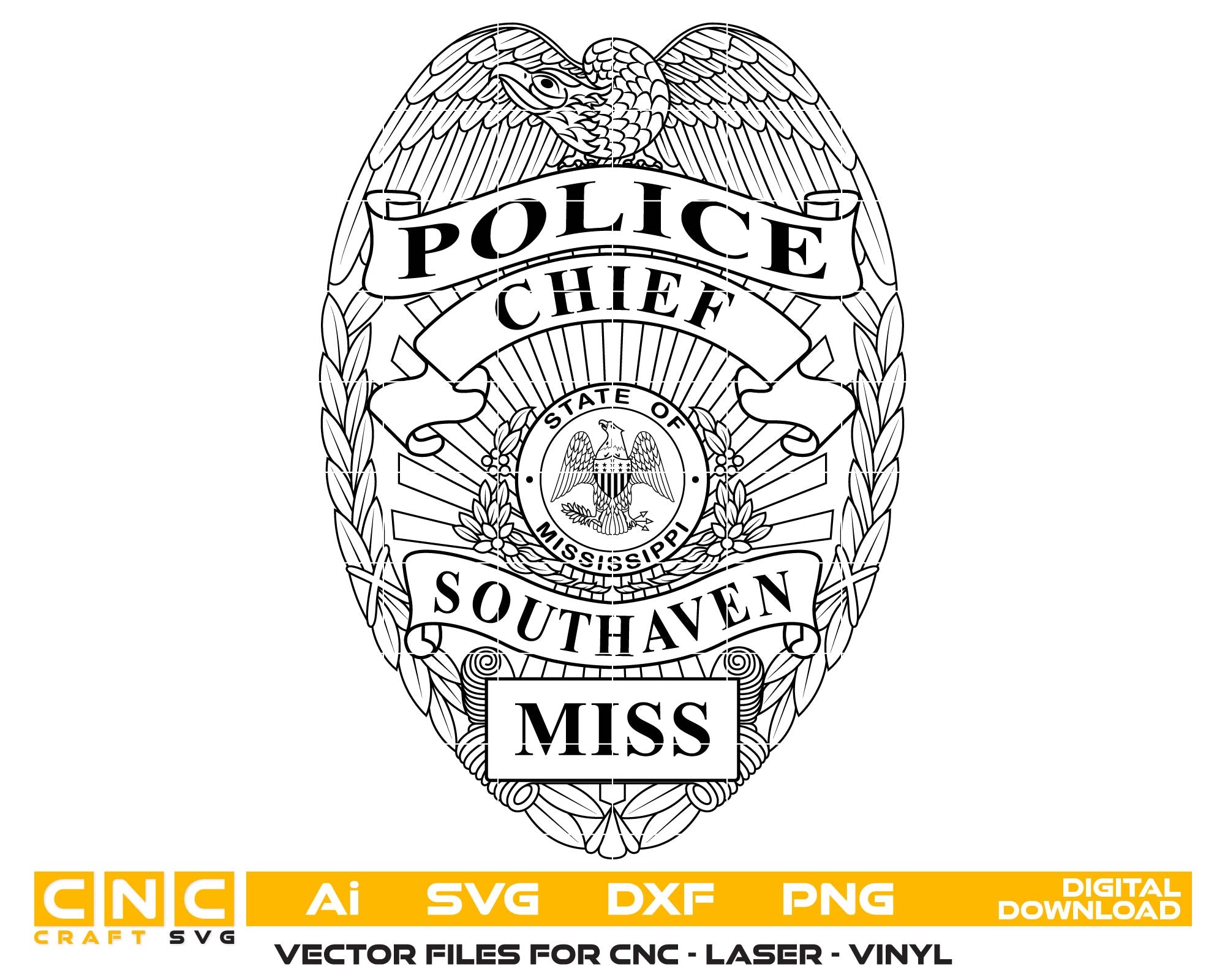 Southaven Police Chief Badge SVG
Mississippi Law Enforcement Vector
Police Chief Badge Engraving File
Southaven Police Sign CNC File
Chief Badge Vector for Laser Cutting