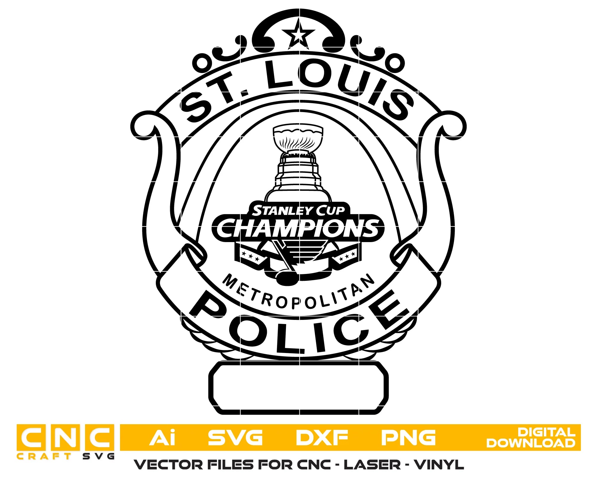 St. Louis Police Stanley Cup Badge SVG
Commemorative Law Enforcement Vector
St. Louis Metropolitan Police Emblem
Officer Plaque Engraving File
St. Louis Police Sign CNC File