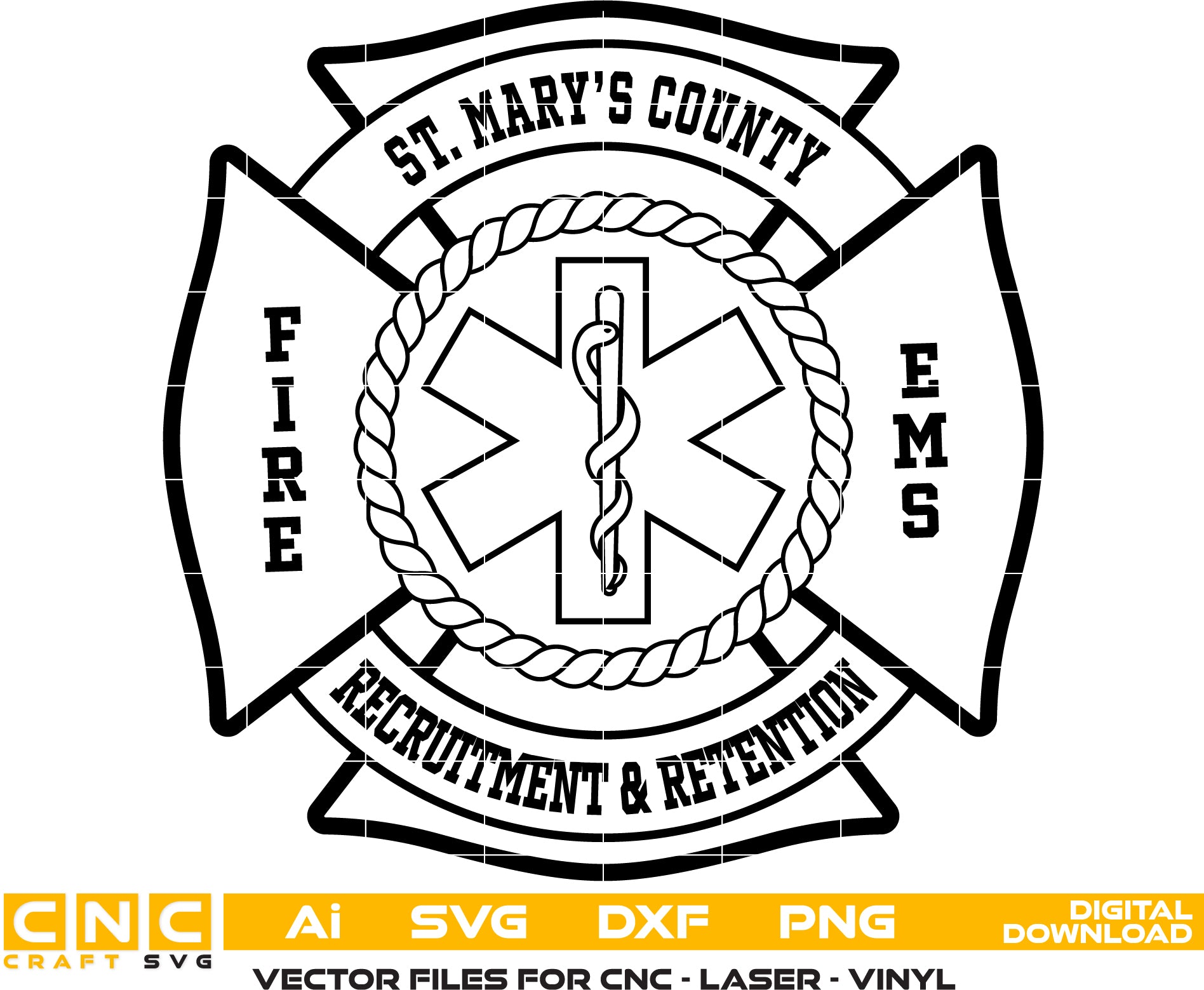 St. Mary's County Fire EMS Patch SVG
Maryland First Responder Vector Design
Maltese Cross Star of Life Engraving File
Fire and Rescue Sign CNC File
Paramedic Medical Patch Vector for Laser Cutting