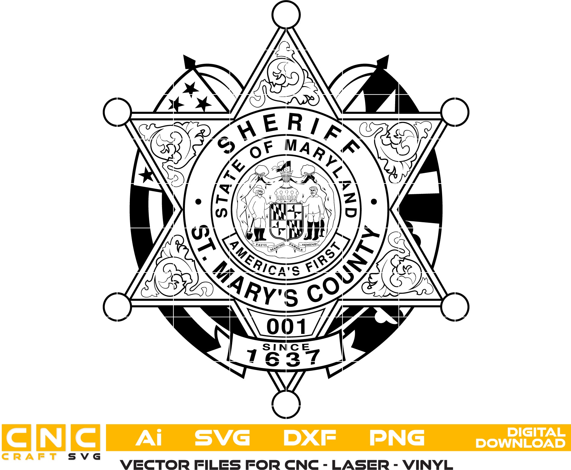St. Marys County MD Sheriff Badge SVG
Maryland Law Enforcement Star Vector
State of Maryland Seal Engraving File
Americas First Sheriff Badge CNC File
6 Point Star Deputy Vector for Lasers